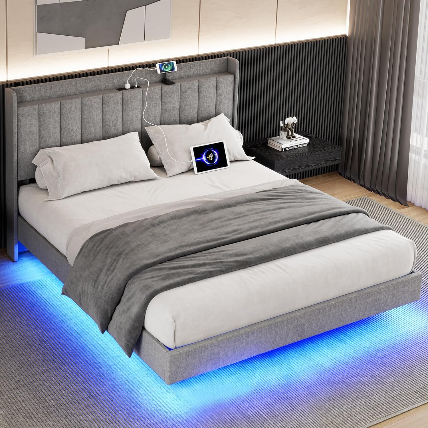 Qeetex LHF-BED-PHO-10OMYBIV Floating Bed Frame Queen Size with LED Lights Upholstered Platform Bed Frame with Charging Station and Storage Headboard No Box Spring Needed Grey