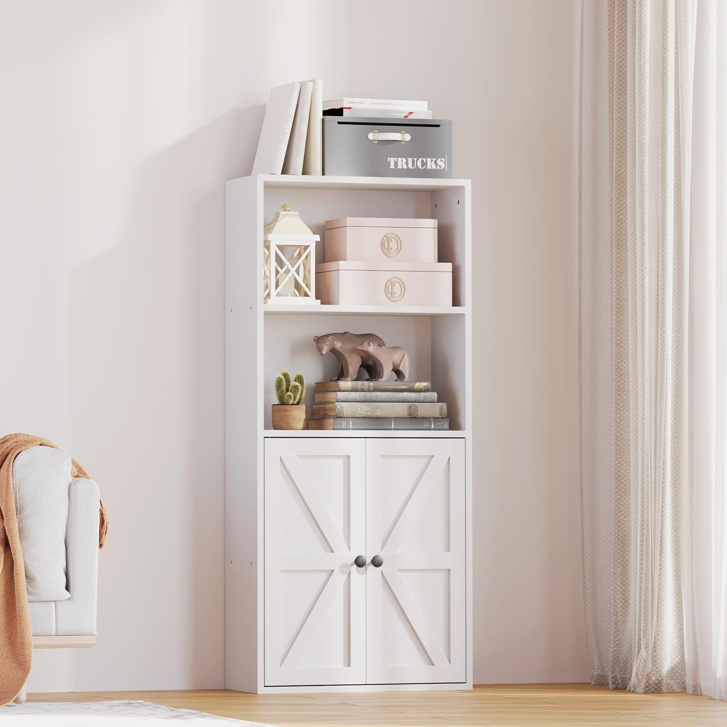 AOXUN LB14035BK White Composite 4 -Shelf Bookcase with Doors ( 21.8-in W x 47.7-in H x 9.25-in D ) Finished