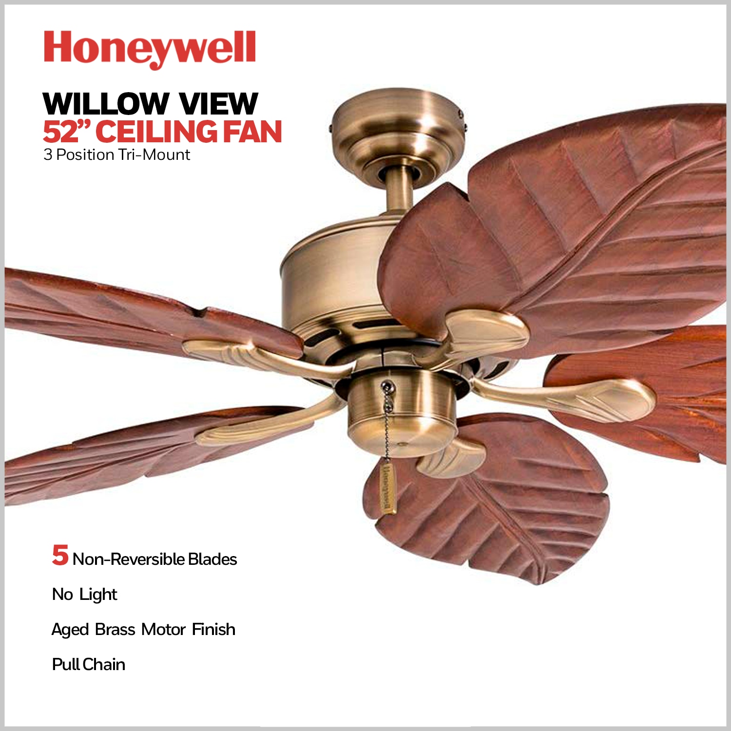 Aged Brass 52" Tropical Ceiling Fan with Wooden Leaf Blades
