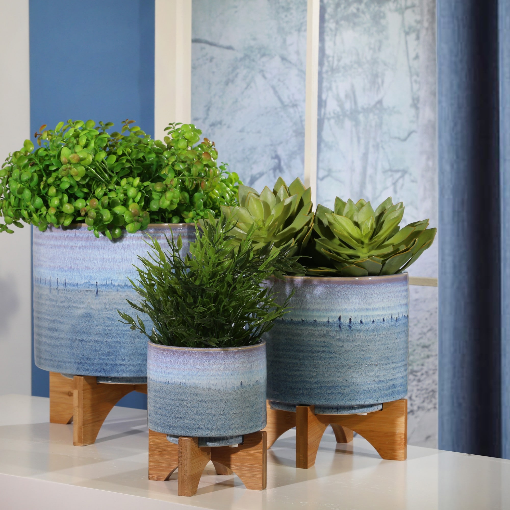 Yiekholo LL-1693AA Round 8.0-Inches W Medium Blue Ceramic Indoor/Outdoor Planter with Drainage Holes with Self Watering