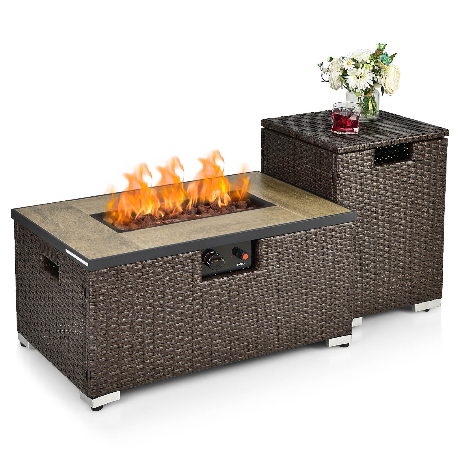 Slickblue D-CO-FC16201PN 32 Inch W x 20 Inch D- Brown/Black/ Gray- PE Rattan Fire Pit Table and Tank Holder with Steel Frame and Ceramic Brick Tabletop Rectangular – Propane Outdoor Patio Deck Garden