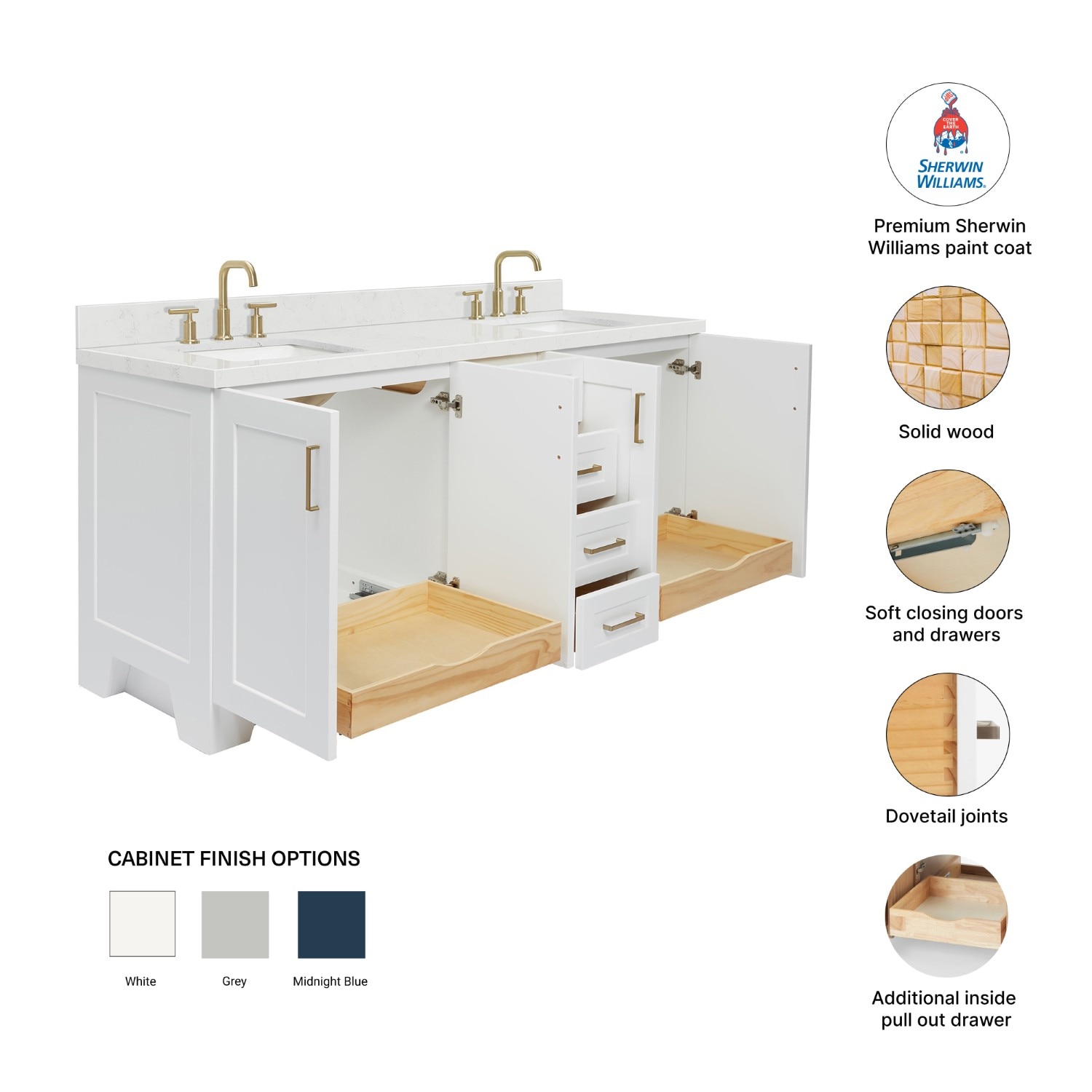 ARIEL Taylor 72-in White Undermount Double Sink Bathroom Vanity with ...
