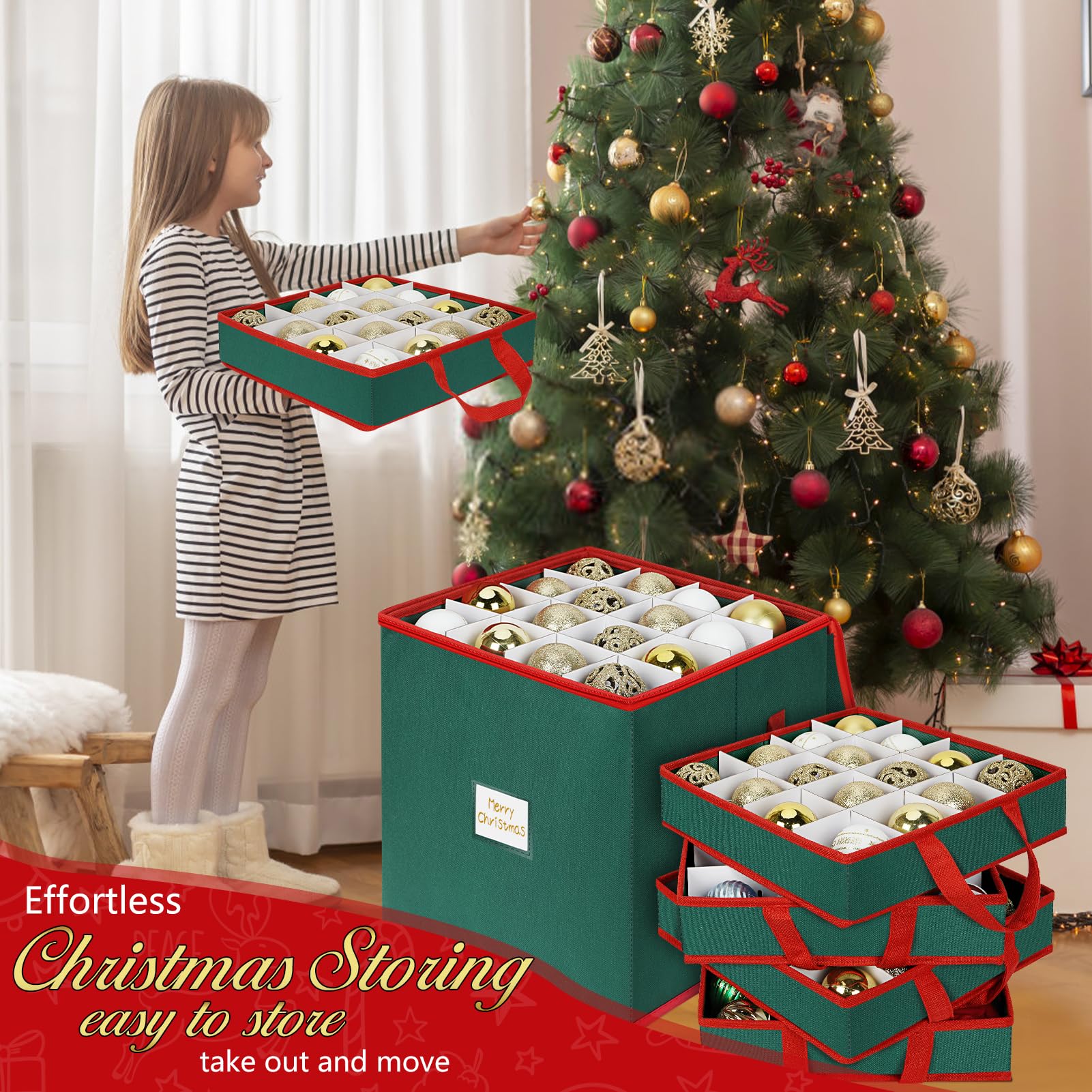KIWDZFU Christmas Ornament Storage Box with Adjustable Dividers 4