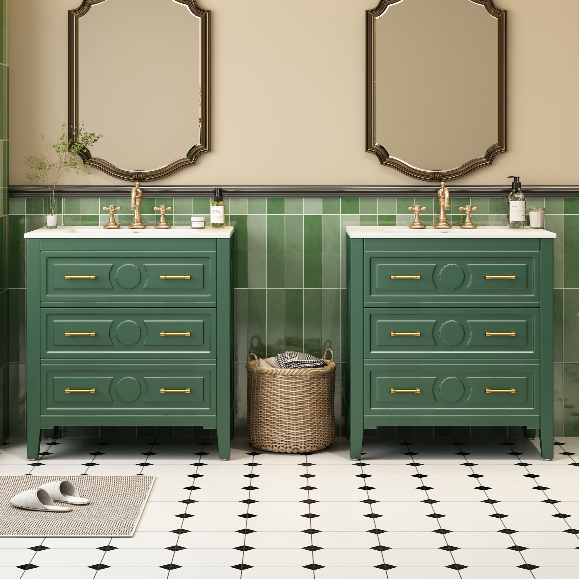 ModernLuxe L3P-N710SS00003F 60inch Bathroom Vanity with Set Ceramic Sink Separate Free Standing Single Vanity Set with 3 Drawers Solid Wood Frame Bathroom Storage Cabinet Green