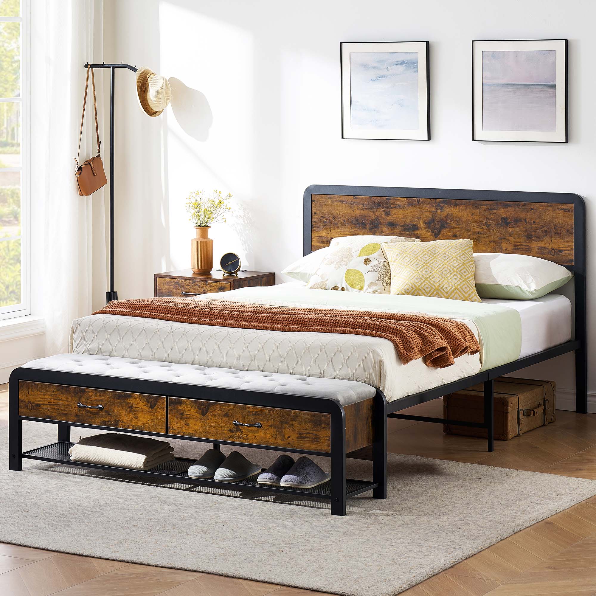 Garvee Brown Queen Wood And Metal Platform Bed With Storage In The Beds ...