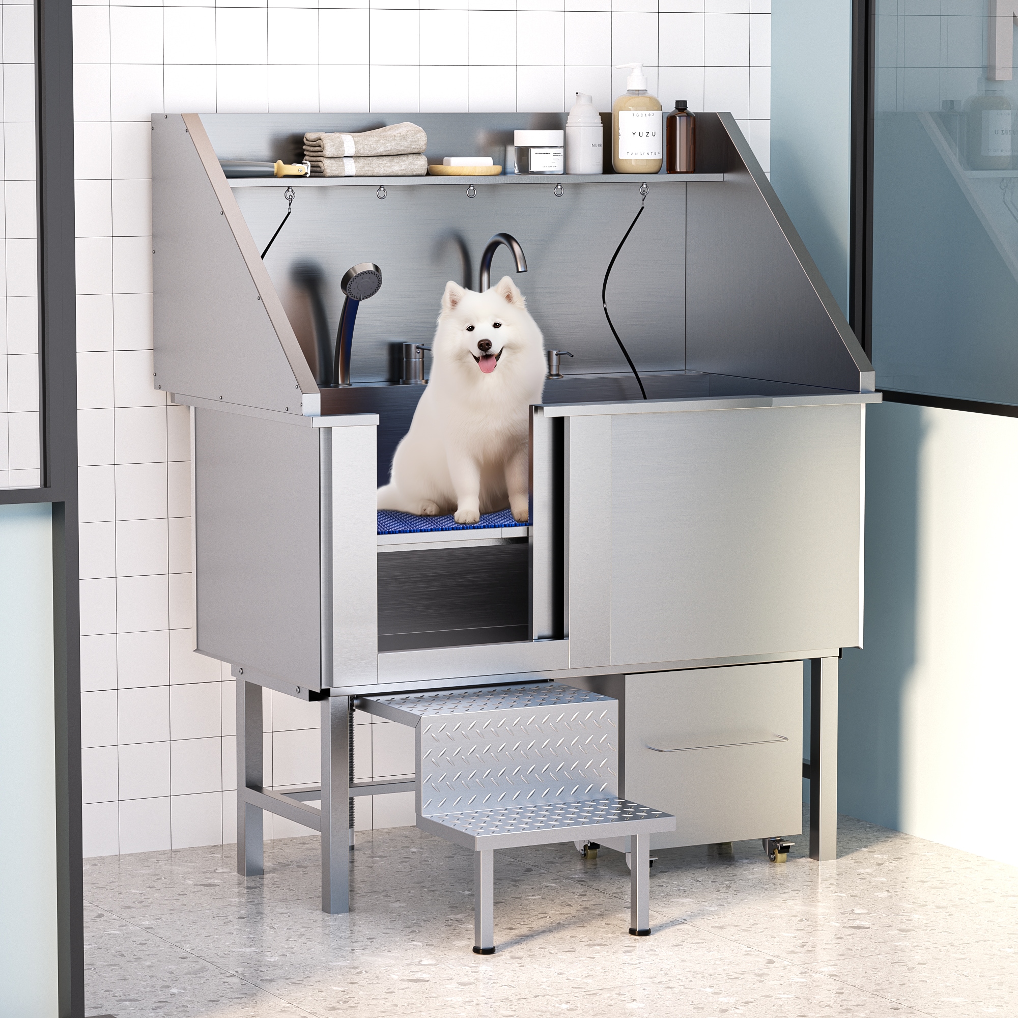 LOVMOR 50 in. Dog Washing Station with Sink Storage Drawer and Ladder #Y-DWS-5373