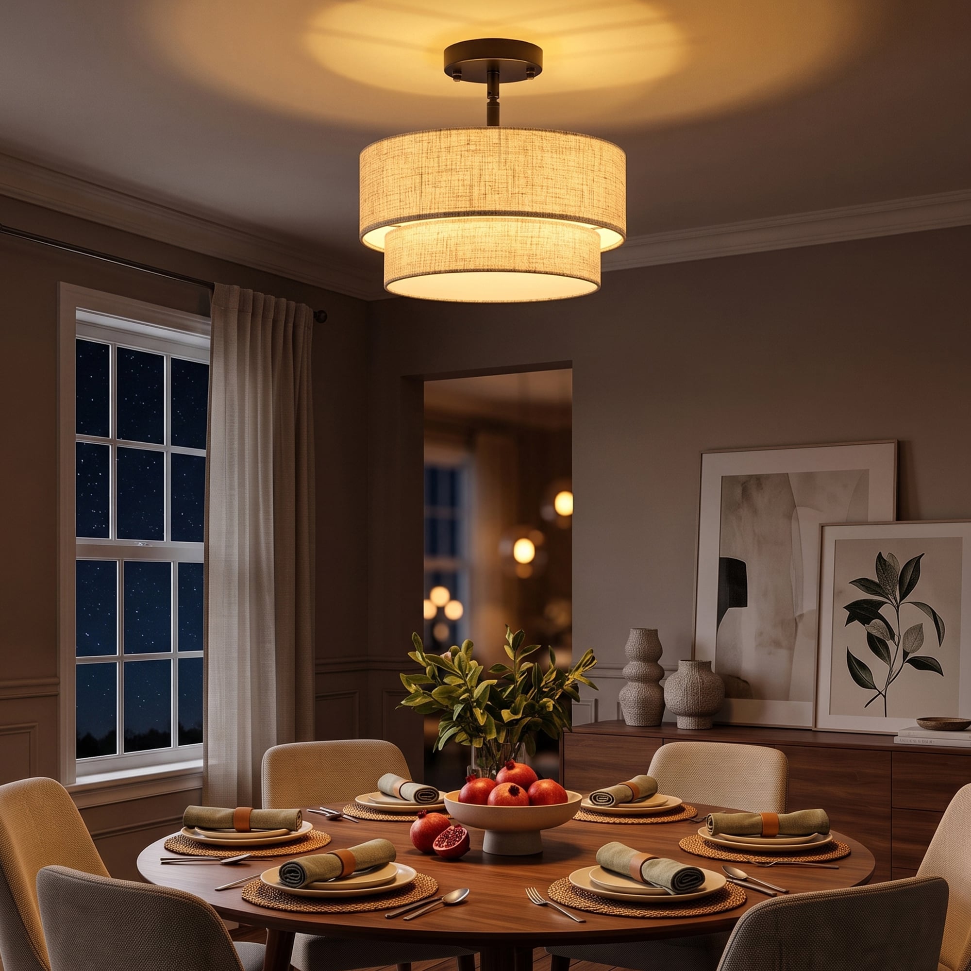 ADSENSTY 12.60inch 3Light Matte Black Modern Two Tier Linen Fabric Drum Semi Flush Mount Ceiling Light
