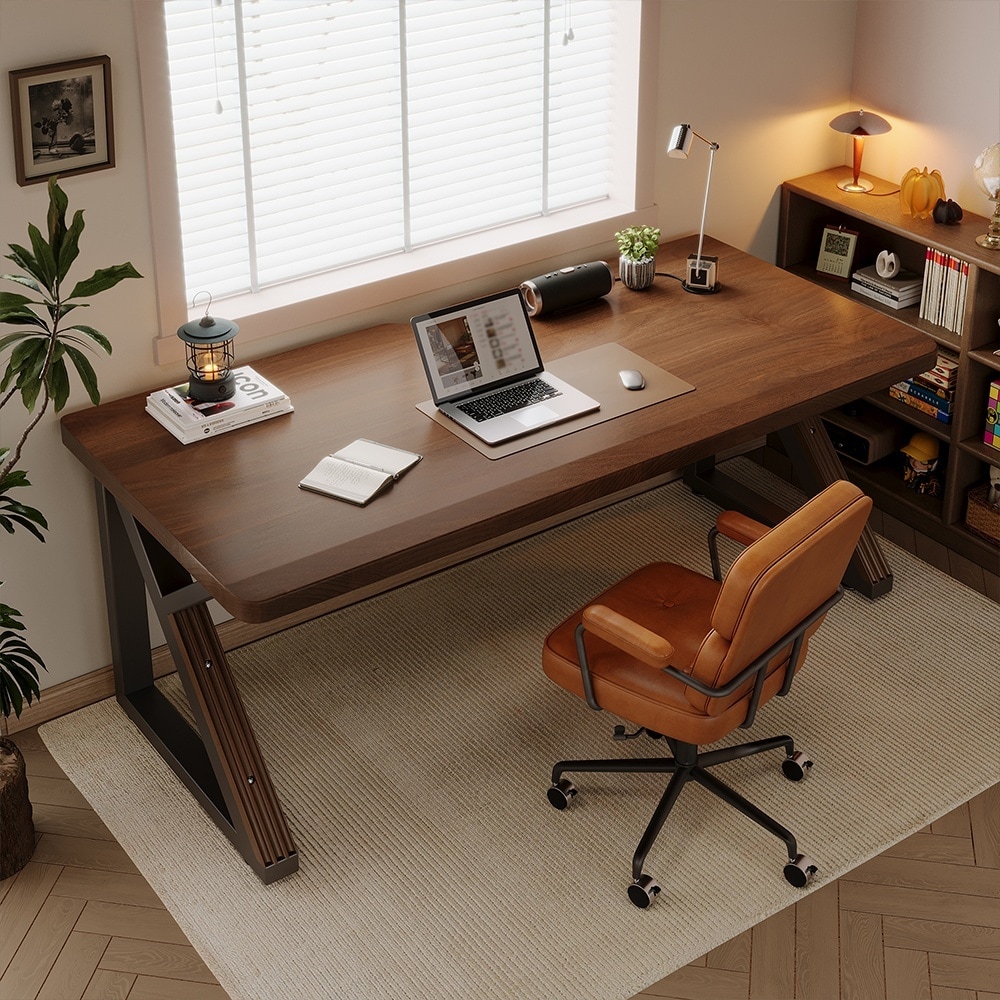 Horizons Prime - 63 inch Walnut Solid Wood Extra Long Desk with Thickened Top and Heavy-Duty K-Fr...