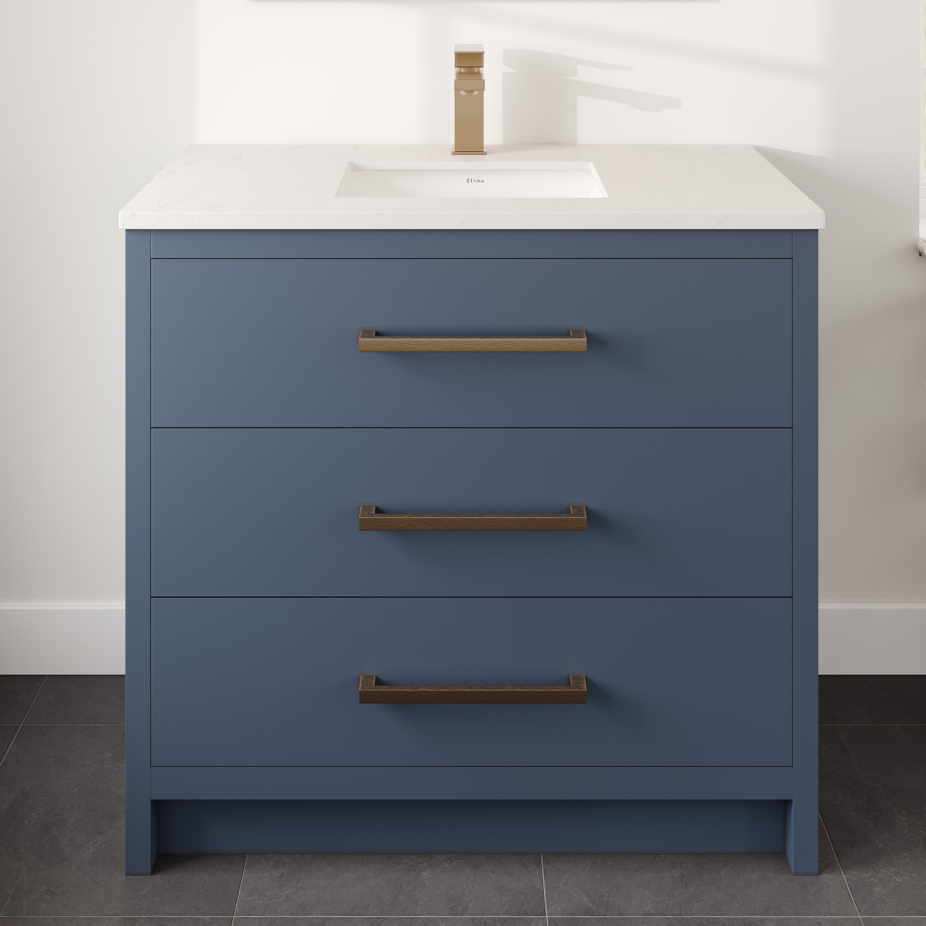Eviva EVVN812-36X18DB Curio 36-in Dark Blue Undermount Single Sink Bathroom Vanity with White Quartz Top