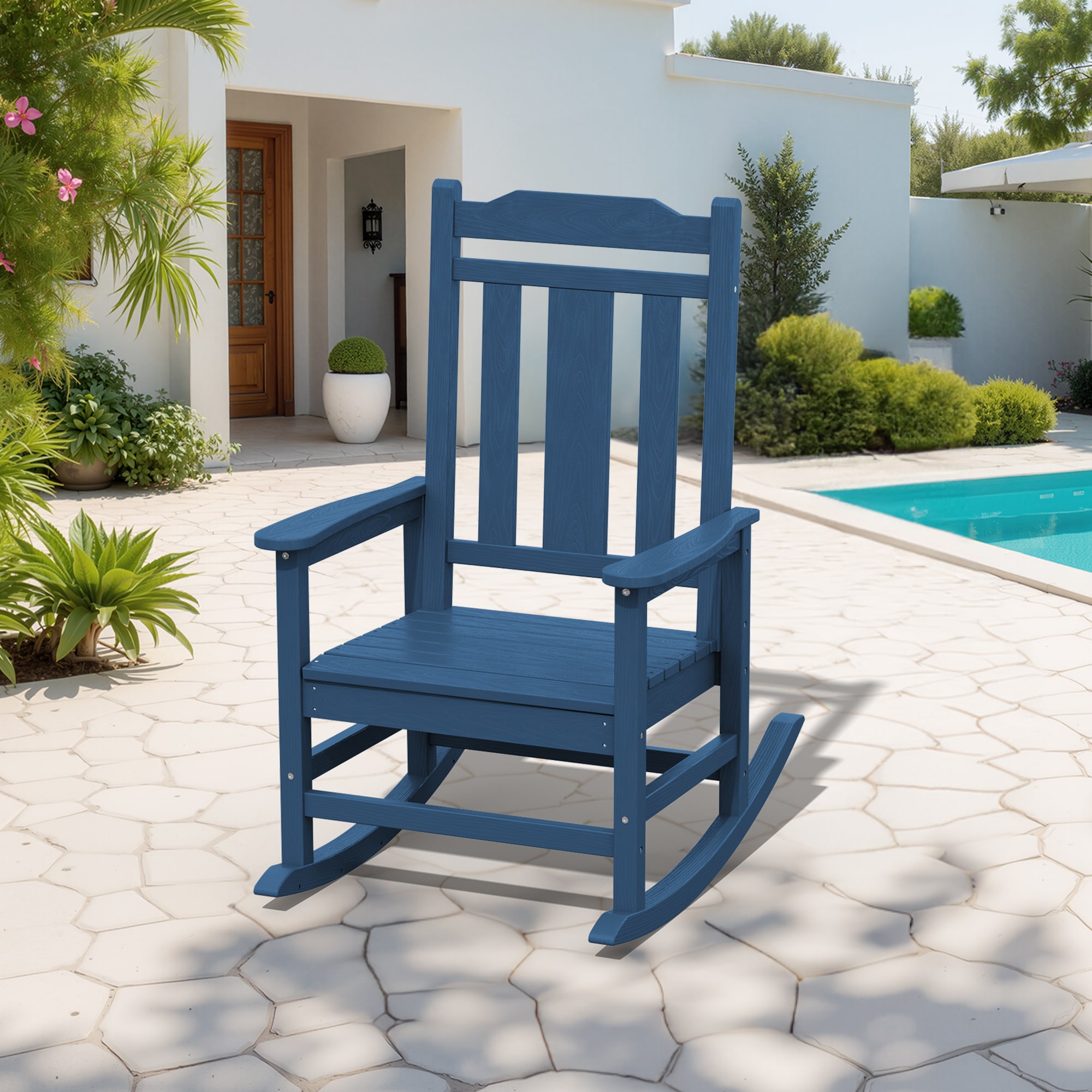 VOUA JCTY-LB HDPE Outdoor Rocker Navy HDPE Frame Rocking Chair with Navy Slat Seat