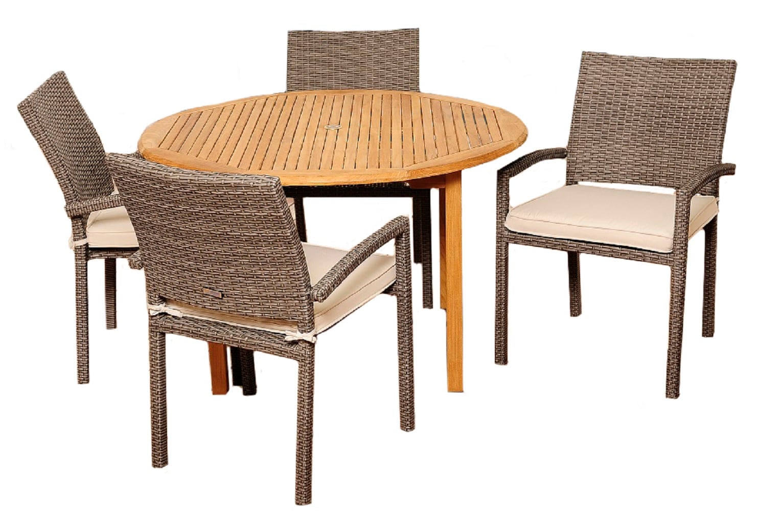 Envelor EN-IH-BAR5PC Barry 5 -Piece Brown Wicker Patio Dining Set Wood Round Table with 4 Off-white Cushions Stationary Chairs