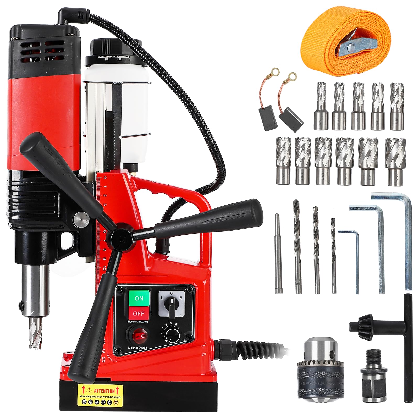 IdealHouse 1100W Magnetic Drill Press for Metal - 1.6 Inch Max Drilling Diameter 550 RPM 10 Speed - Portable Electric Mag Drill with 11 Bits - Industrial and Home Improvement (40 Single Track 11 Piece Set)