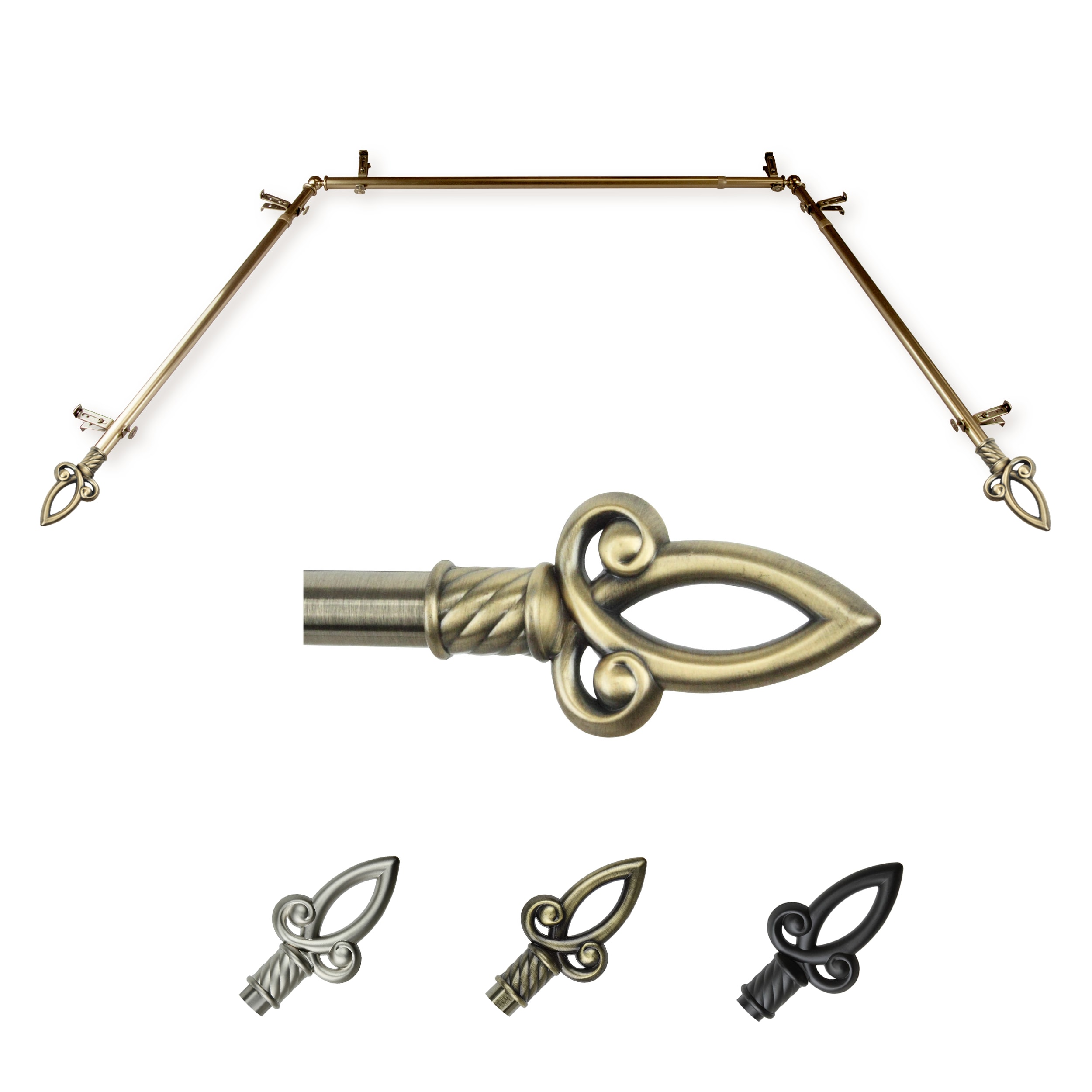 Hart & Harlow L-ABAY-22-4 Sonca 13/16-in Bay Antique brass Steel Bay window curtain rod with Finials