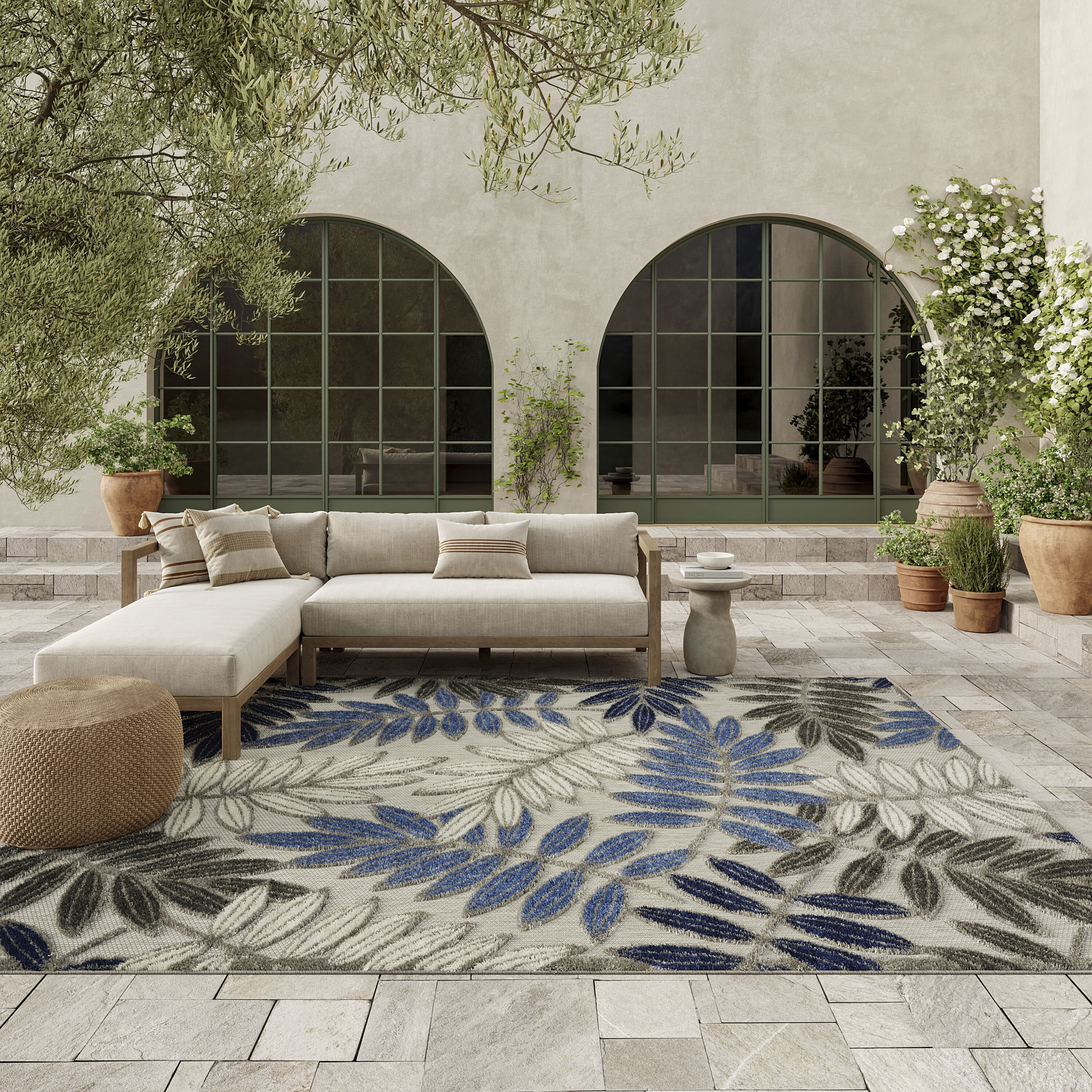 Nourison 99446739292 Aloha 8 x 10 (ft) Loomed Polypropylene Grey/blue Rectangular Indoor/Outdoor Abstract Tropical Area rug