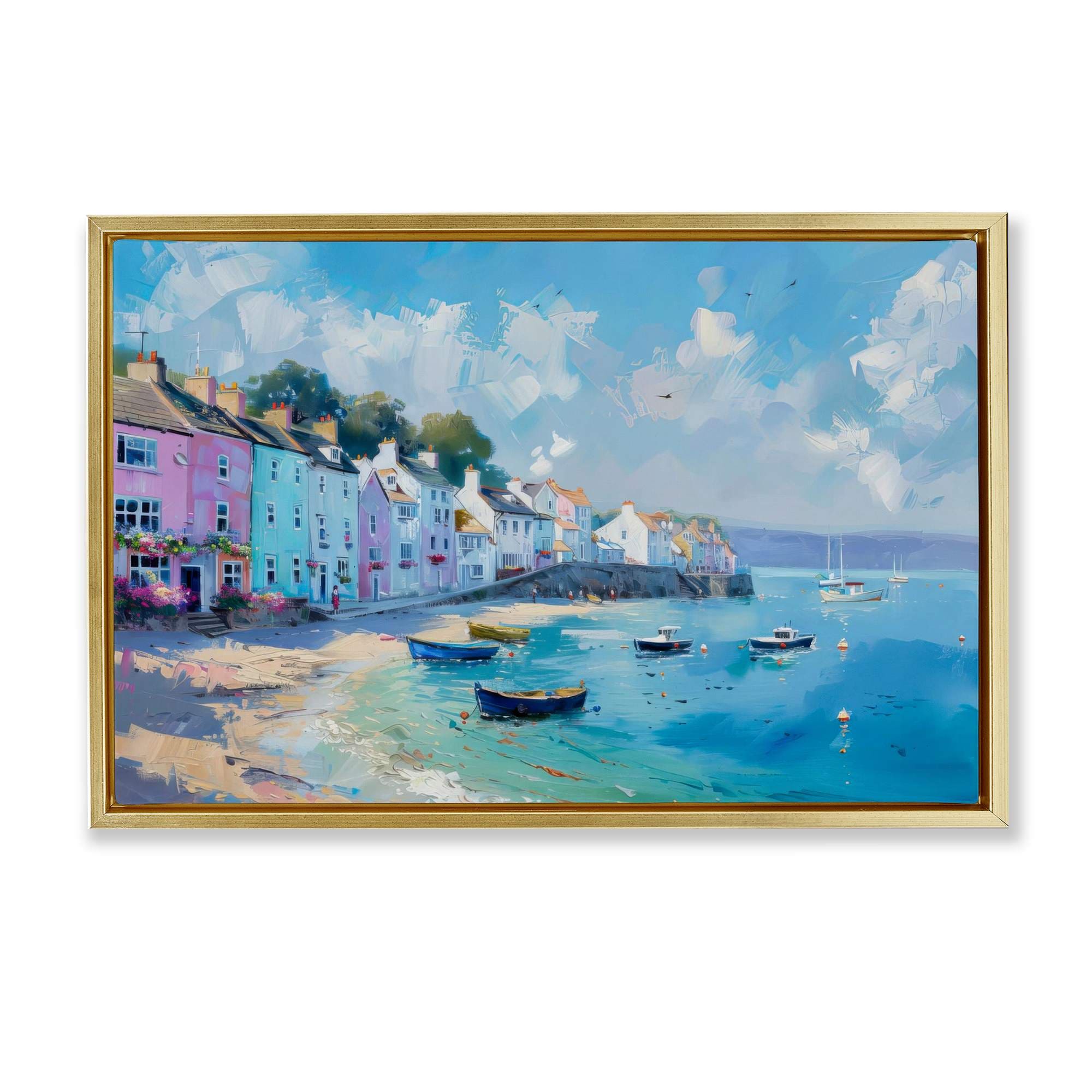 Stupell Industries BT-724-FFG-16X24 Seaside Village Cottages Gold Framed Floater Canvas Wall Art By LSR Design Studio 25 x 17