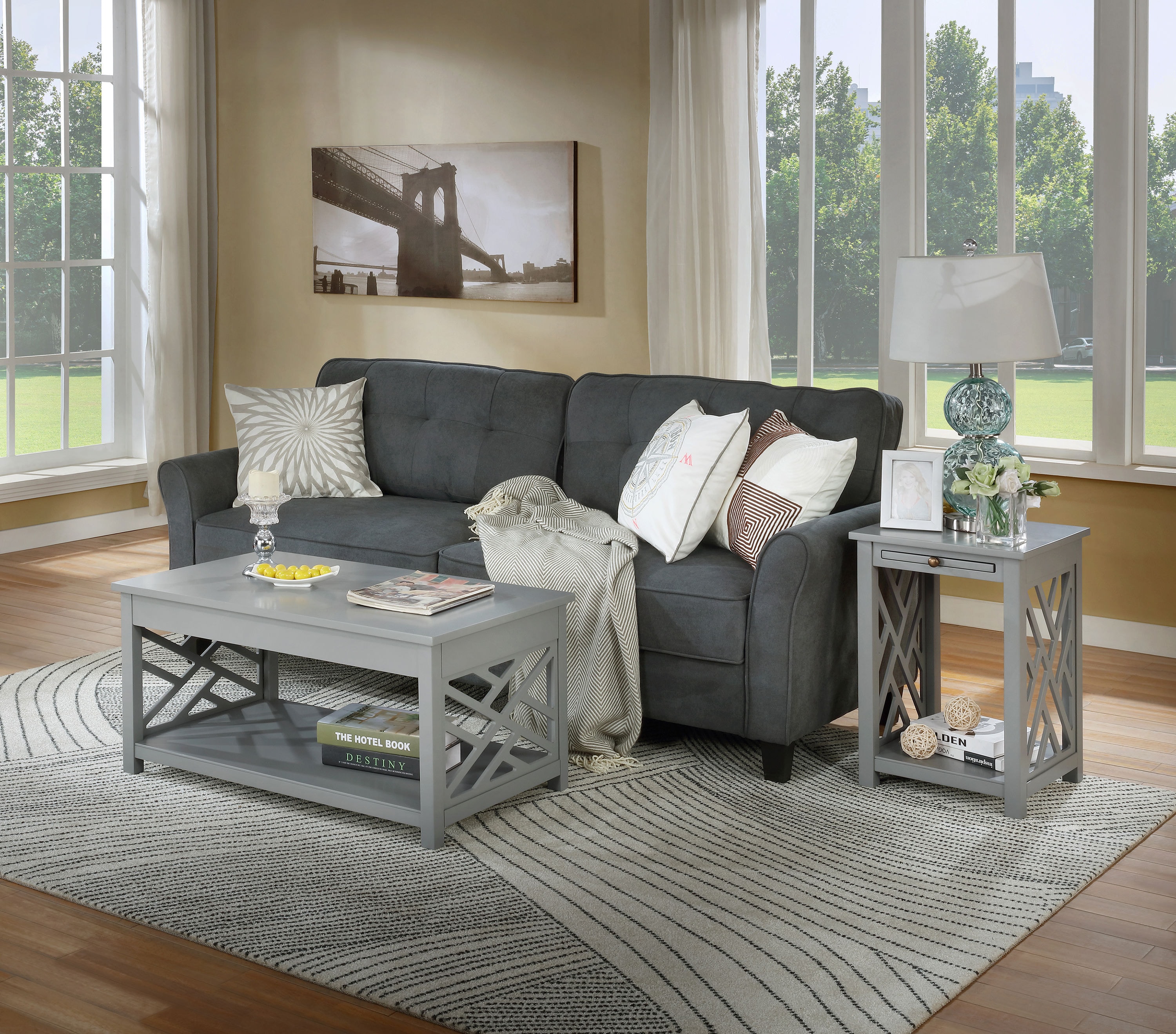 Coventry 36" Dove Gray Coffee & End Table Set with Tray Shelves