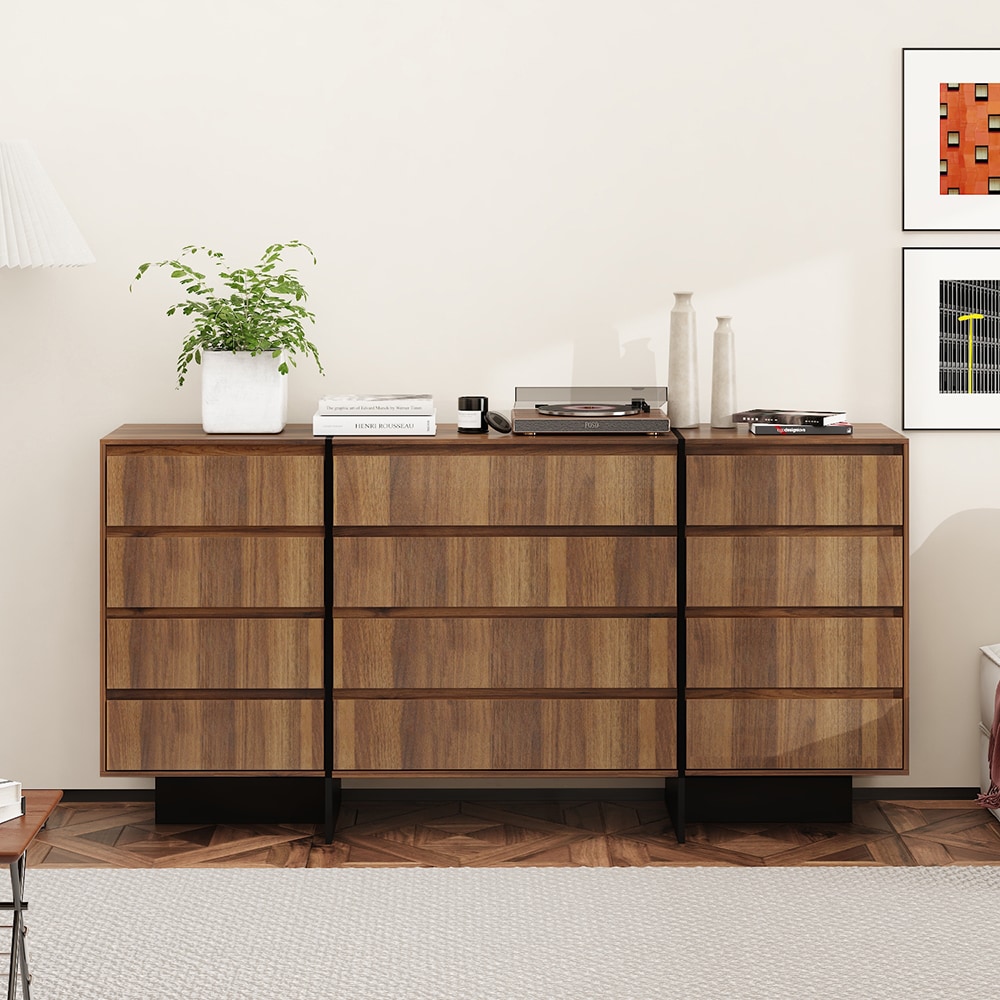 Homsee V-KF020501-01 Wooden Storage Dresser with 12 Handleless Drawers Mid-Century Modern Chest of Drawers with Slide Rails for Bedroom 70.9''L x 15.7''W x 35.4''H Brown