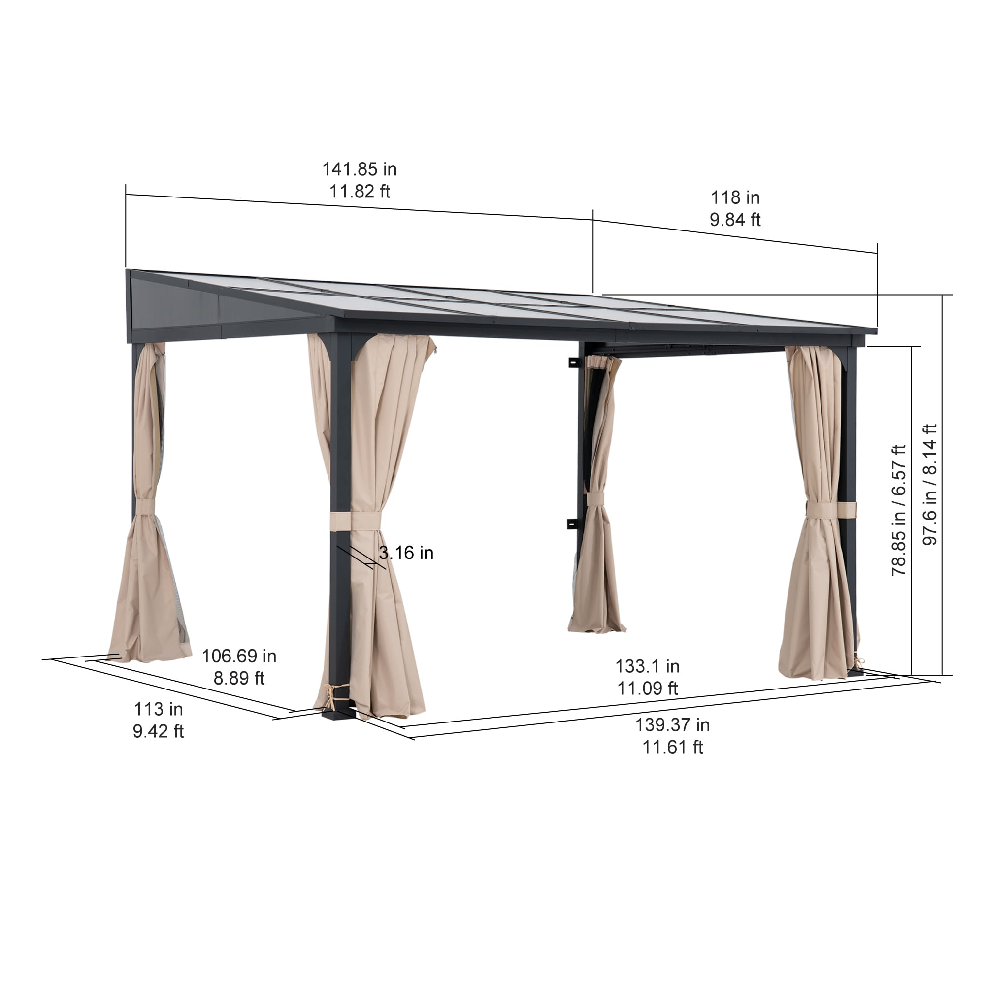 Sunjoy 10 x 12 ft Black Aluminum Wall-Mounted Gazebo with Curtains