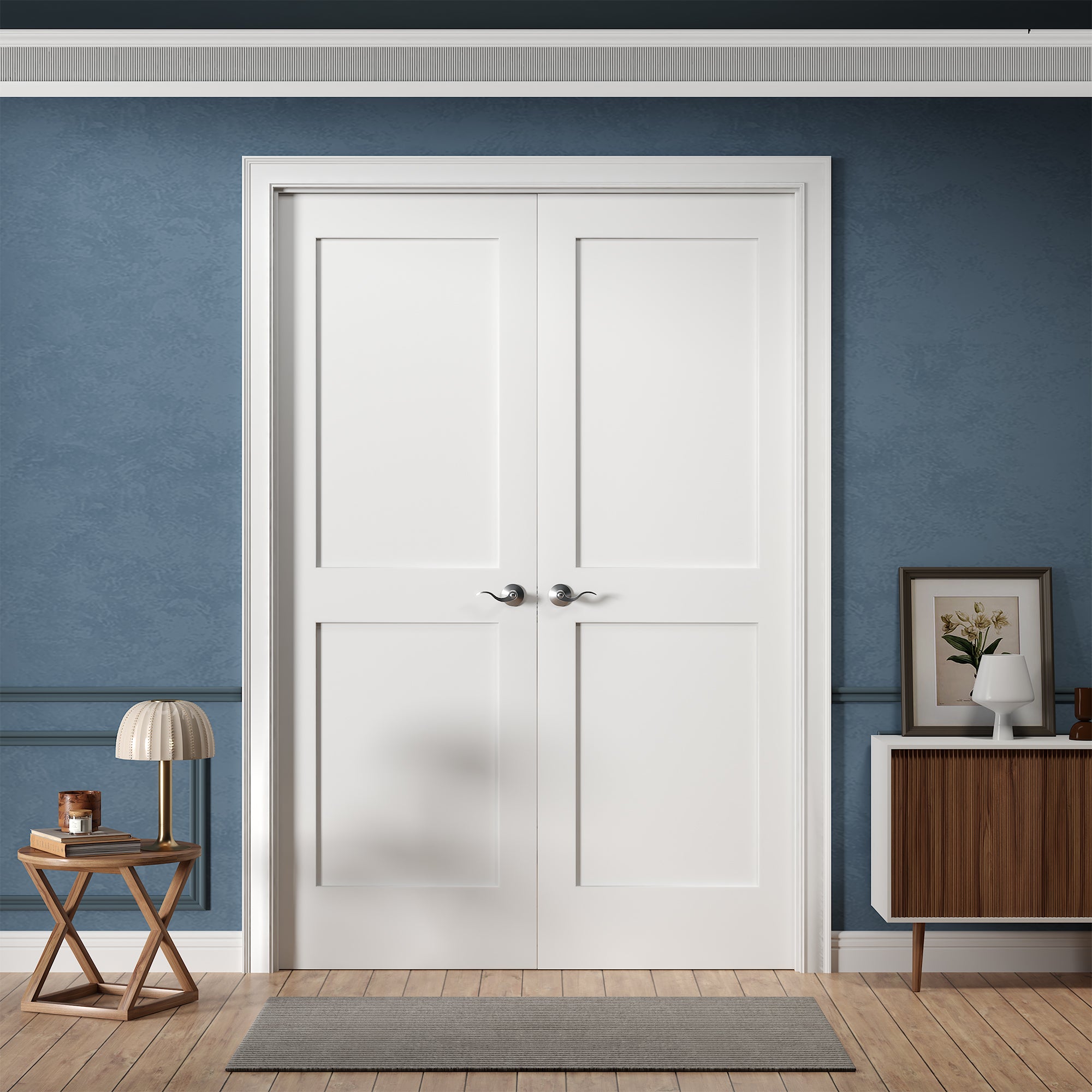 Door Harbor 72-in x 80-in Interior Double Prehung French Door Right-Hand Pre-Drilled for Hardware 2-Panel Shaker Solid Core White Primed Ready-to-Prehung Design with Jamb Kit and Black Hinges #DD2SD7280PR-RHPH-BL