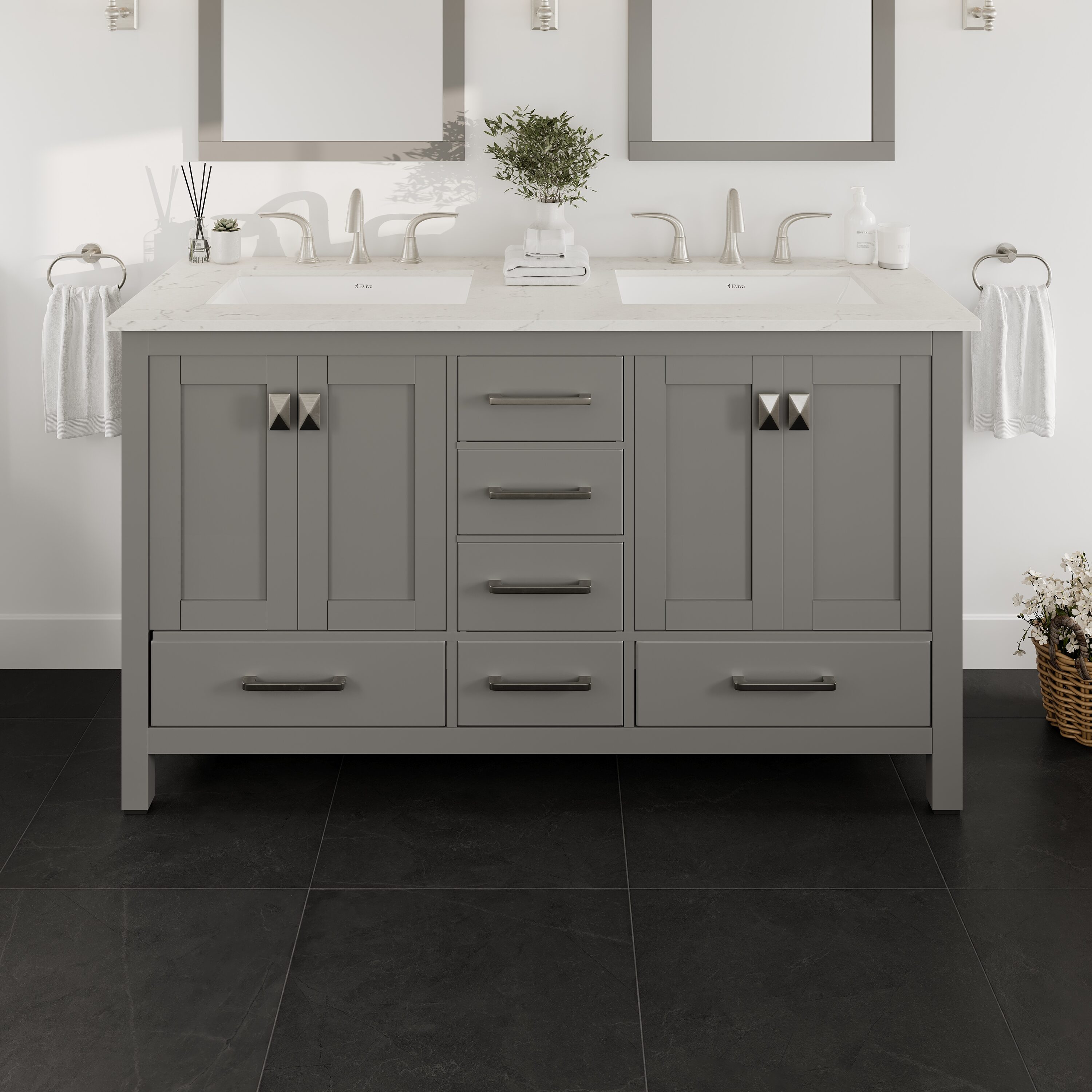 Eviva EVVN412-60GR-Q Aberdeen 60-in Gray Undermount Double Sink Bathroom Vanity with White Quartz Top