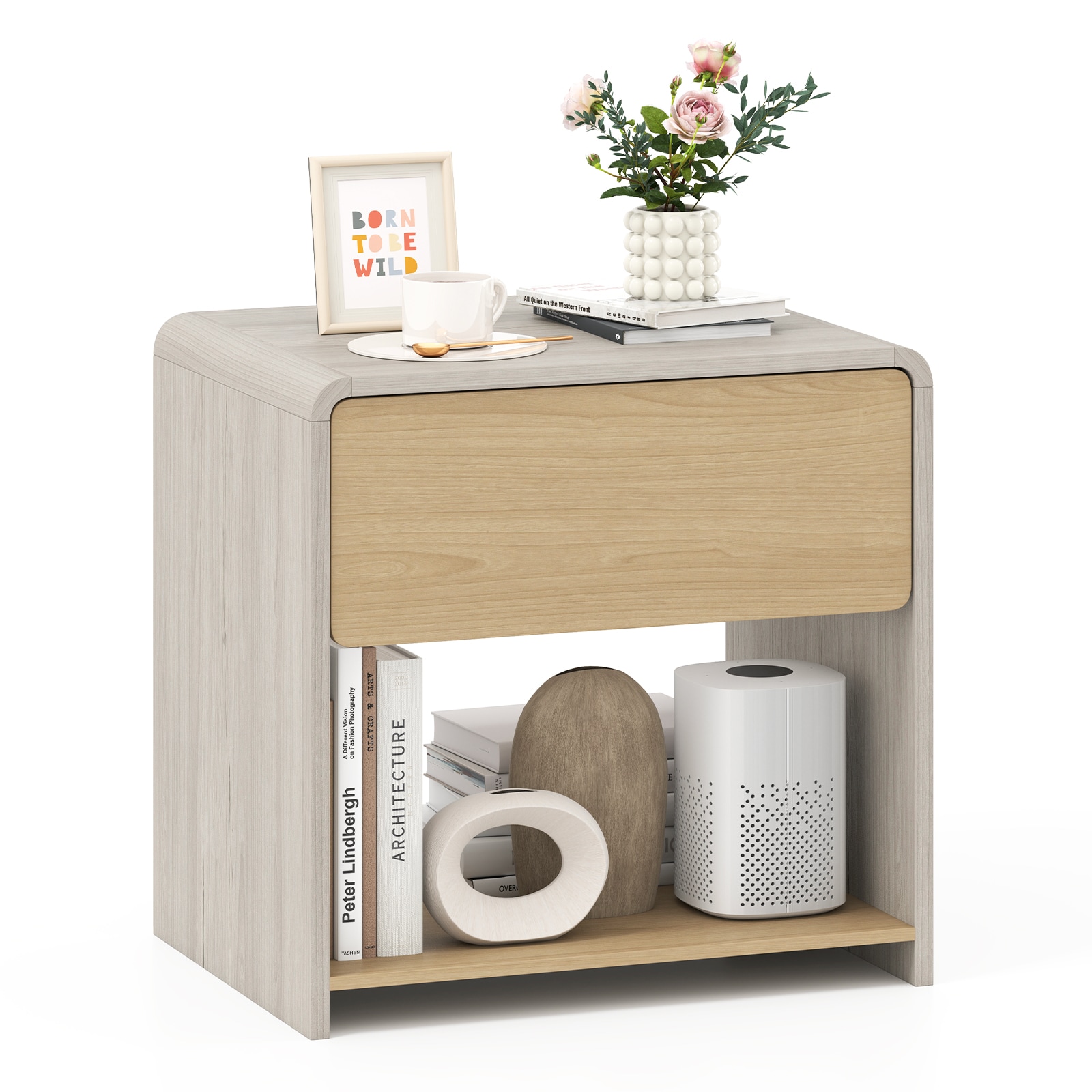 Slickblue Modern Bedside Storage Table with Drawer and Open Shelf - Oak and Natural Finish Engineered Wood Nightstand for Bedroom and Living Room