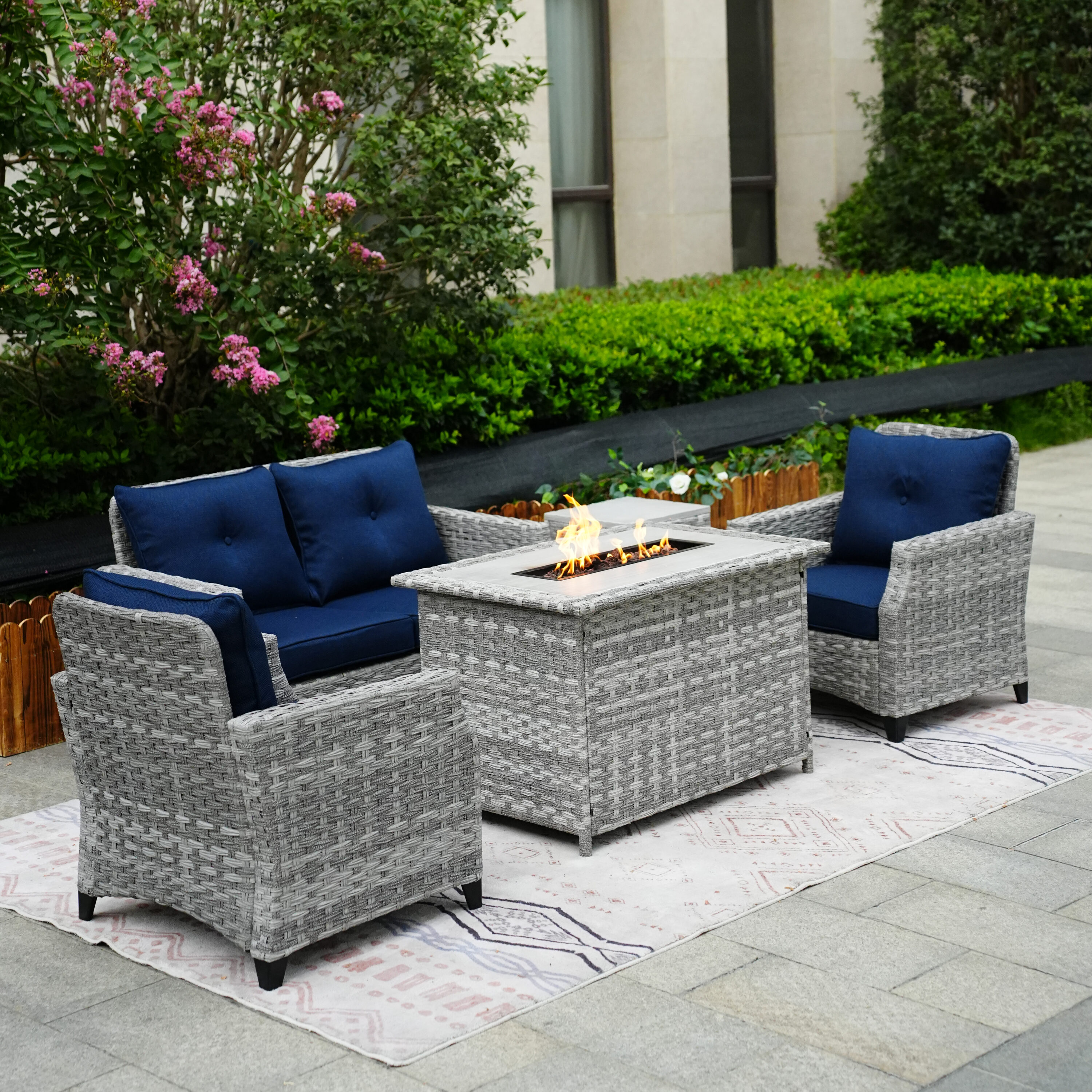 Moda Furnishings PAF-1801-H-BLUE 5 -Piece Wicker Patio Conversation Set with Navy Cushions