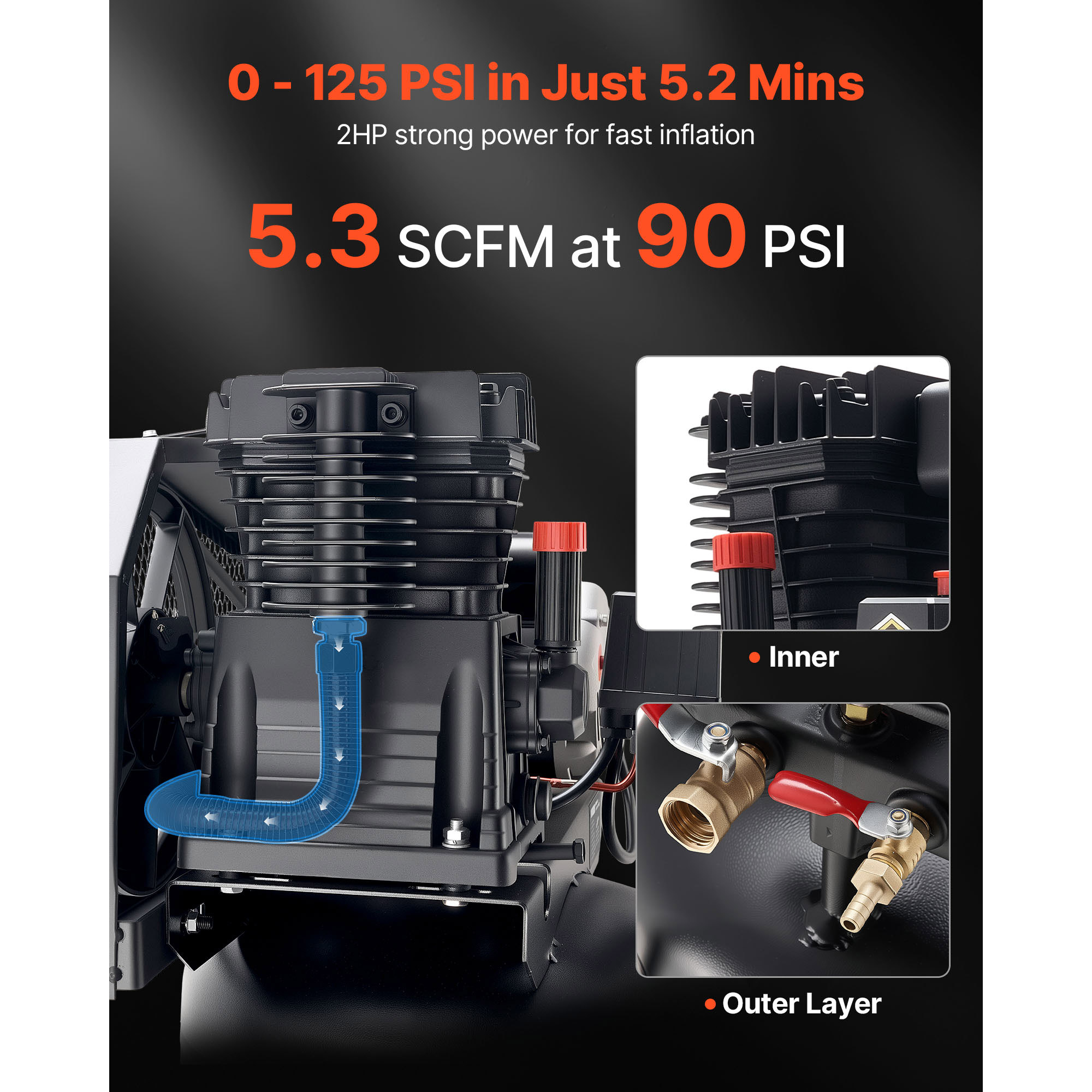 VEVOR Olievrije Luchtcompressor, 6,6 gallon/30 l, 750 W/1 pk, horizontale compressor, 165 l/min, werkplaatsgereedschap voor thuisreparaties, bandenoppompen