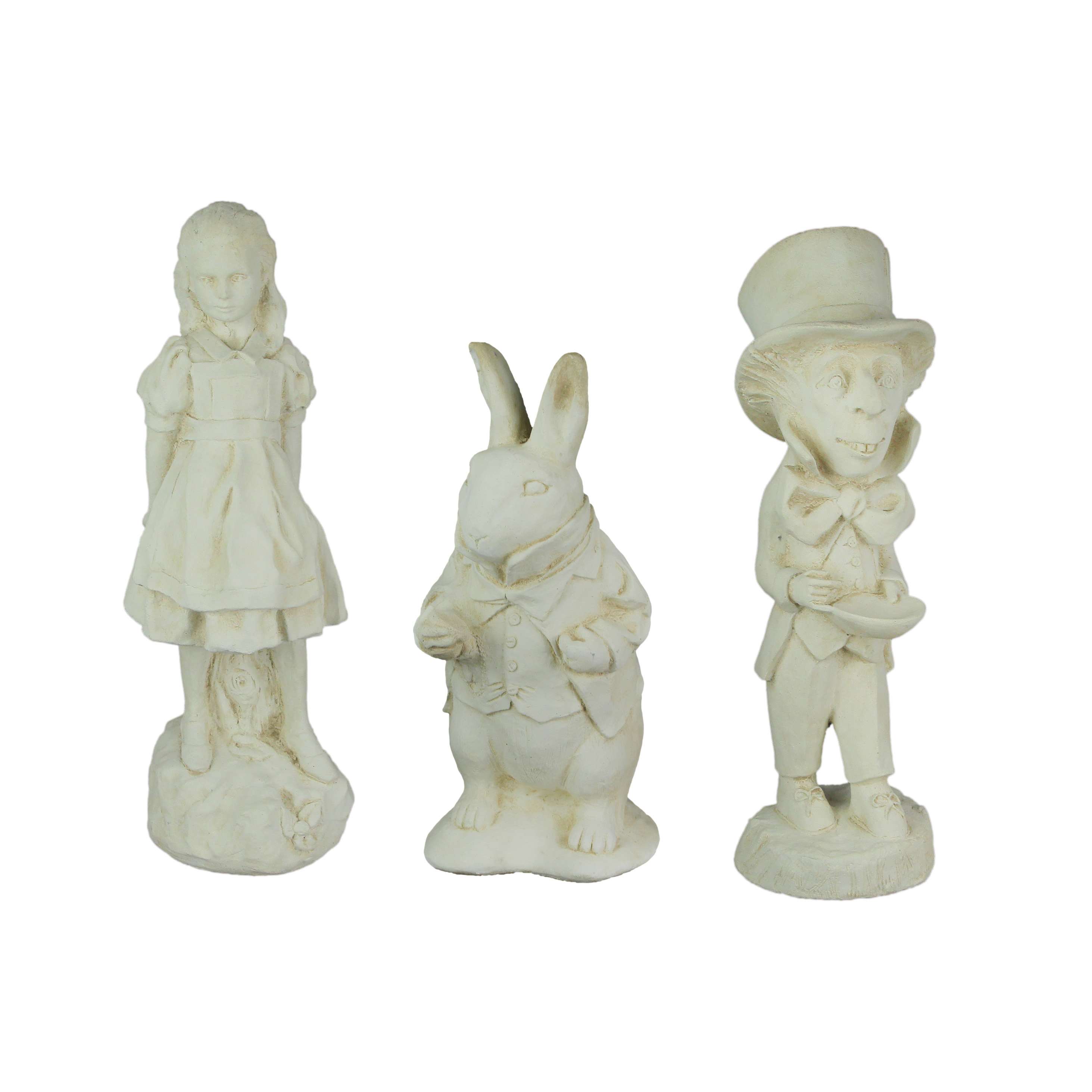 Things2Die4 72-6003-4-6-24-SET 3 Piece Alice in Wonderland- White Rabbit and Mad Hatter Antiqued White Solid Cement Statue Set
