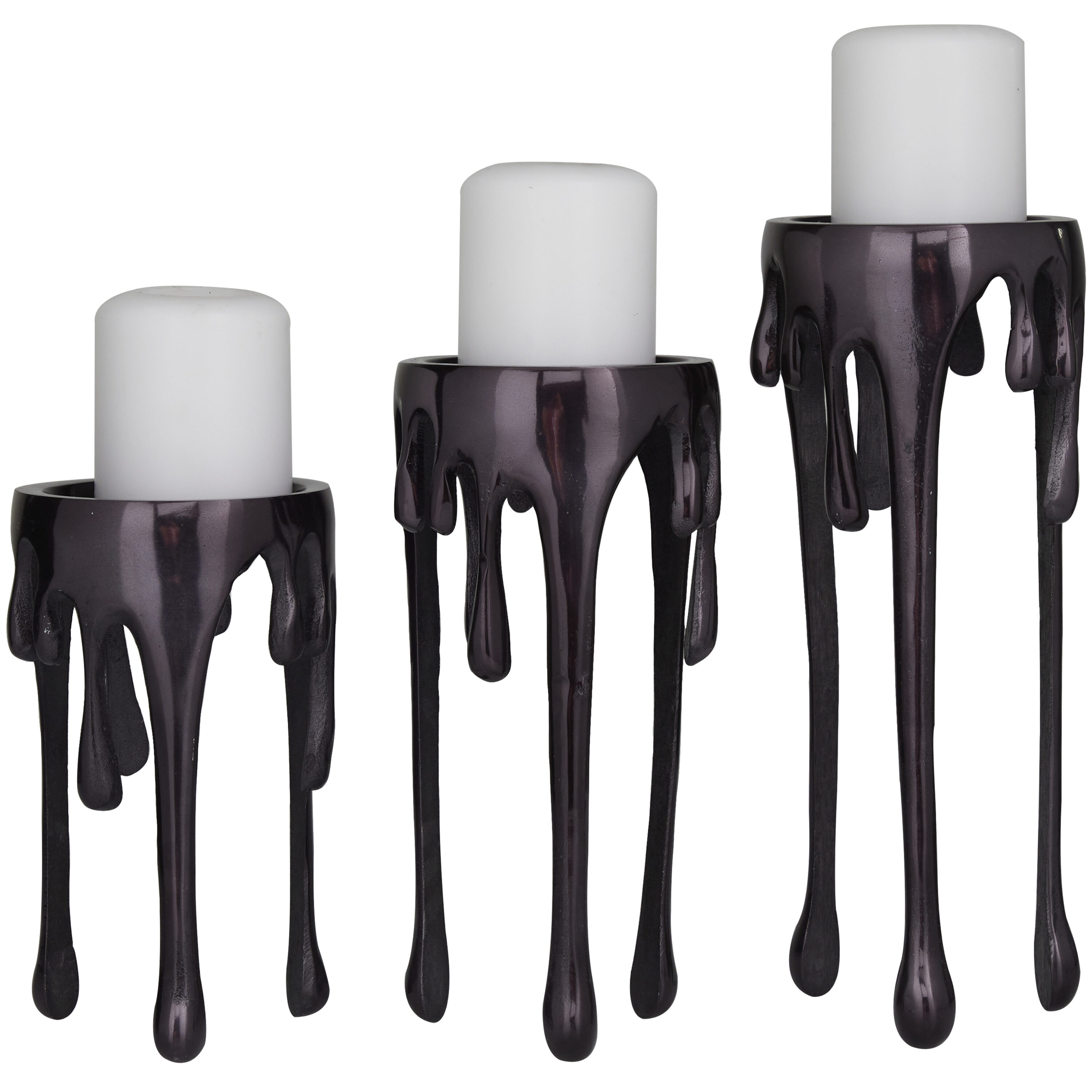 Contemporary Black Metal Pillar Candle Holder Set with Melting Design, 3 Pieces