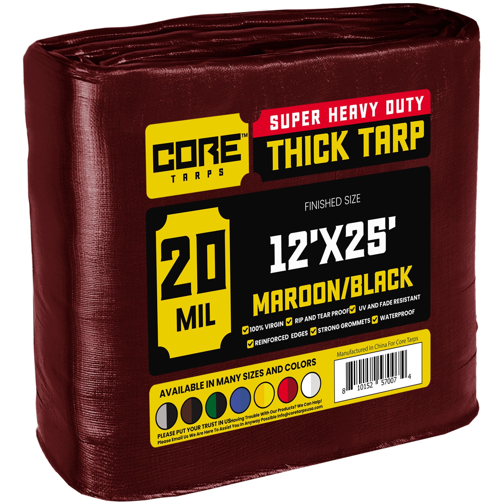Core Tarps CT-707-12X25 12-ft x 25-ft Maroon Waterproof Commercial Polyethylene 20-Mils Tarp