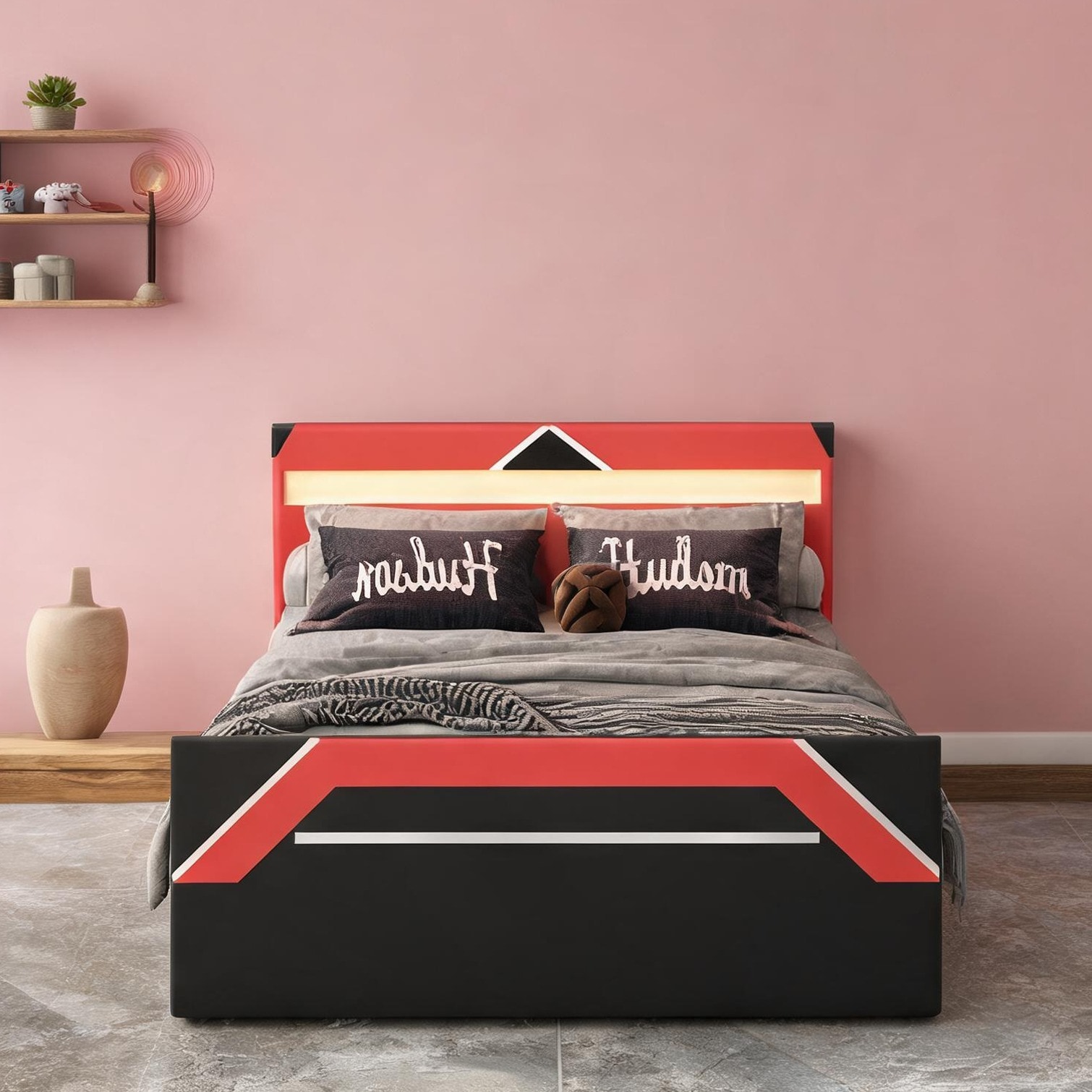 SunJet Queen Upholstered Platform Bed with LED Headboard and