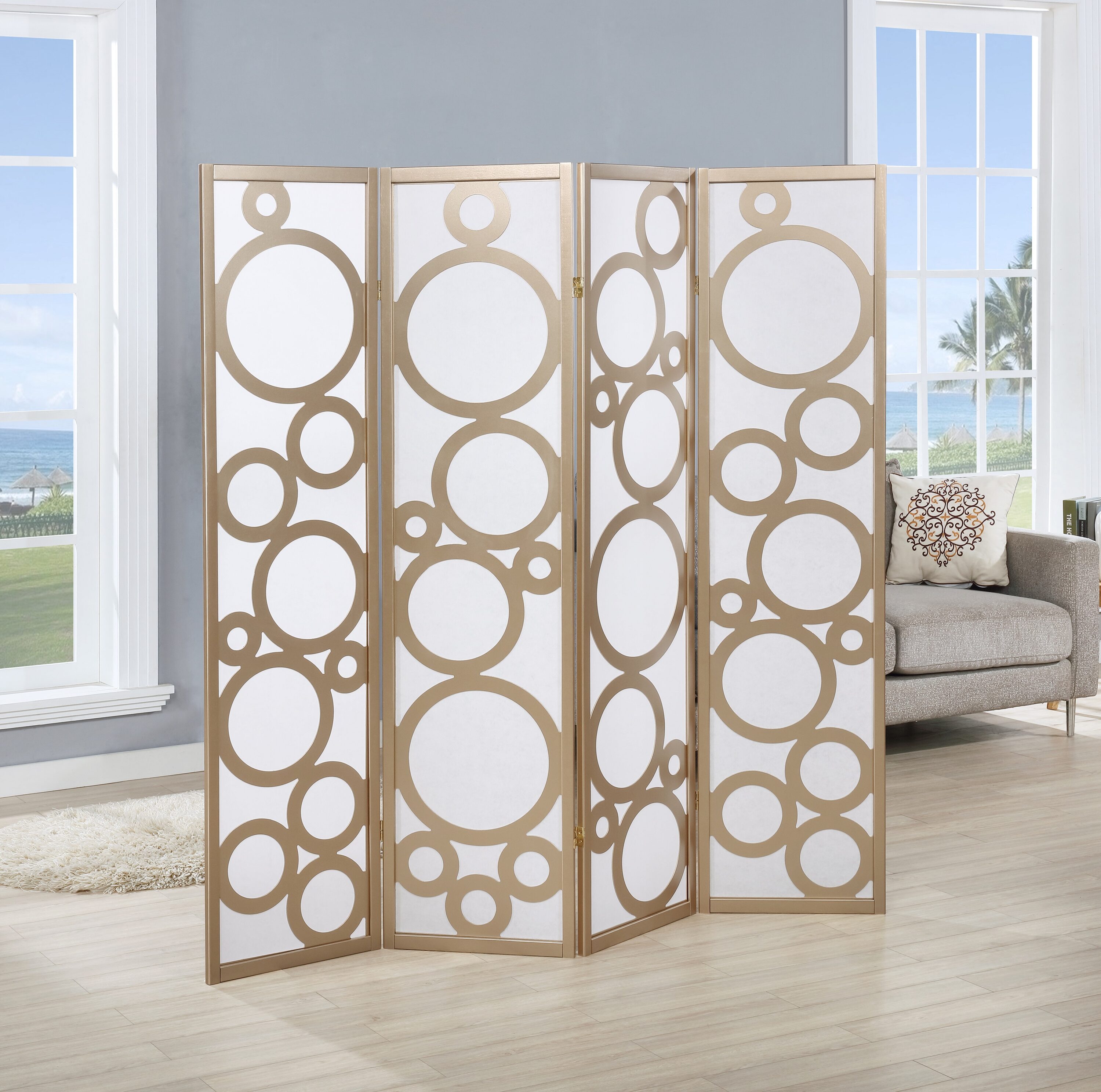 Roundhill Furniture RD045GL Arvada 4 -Panel Gold Fabric Folding Contemporary/Modern Style Room Divider