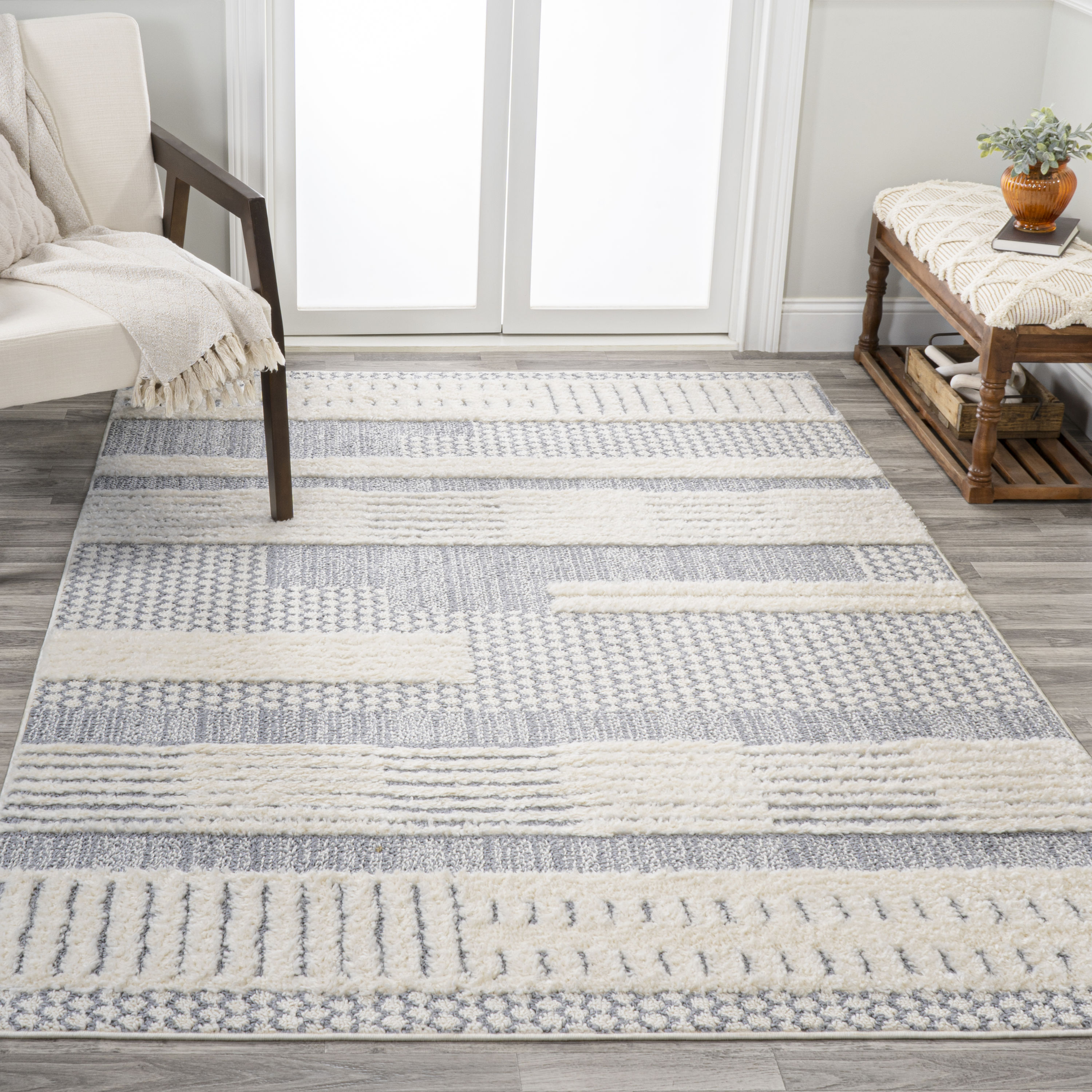 Gray and Cream Abstract Geometric 4' x 6' Shag Area Rug