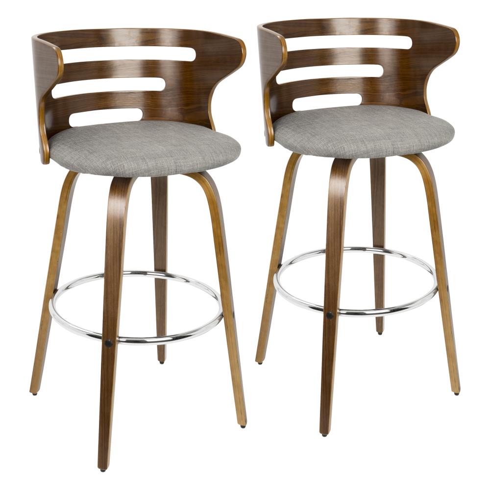 LumiSource B30-COSNIR WLGY2 Cosi Set of 2 Walnut Wood, Grey Fabric, Chrome 37.75-in H Tall Upholstered Swivel Wood Bar Stool with Arms