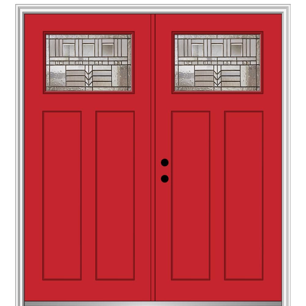 MMI DOOR ZZ3664957R 64-in x 80-in x 4-9/16-in Fiberglass Craftsman Right-hand inswing Red Saffron Painted Prehung Double Front Door with Brickmould Insulating core