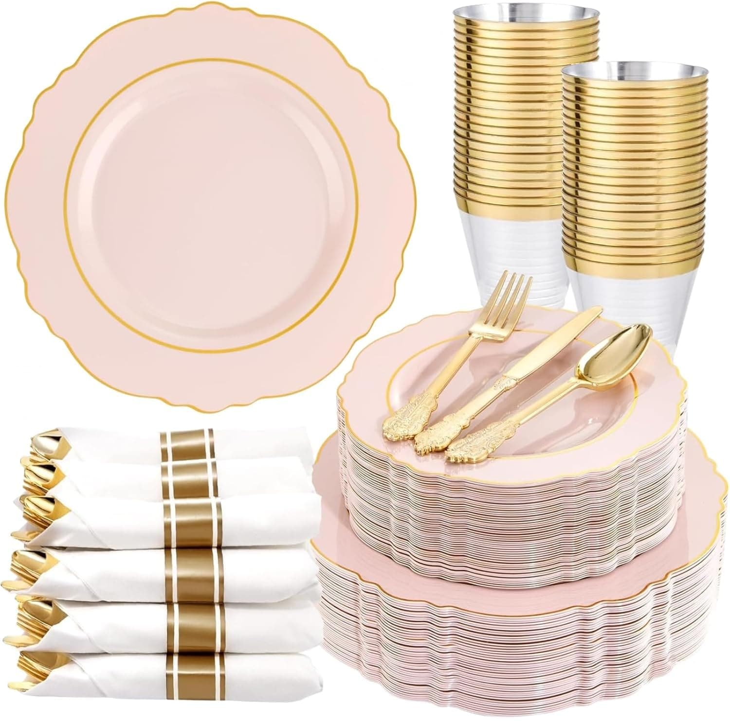Aoibox  350 Piece Pink and Gold Disposable Dinnerware Set for 50 Guests with Plates Cups and Pre Rolled Cutlery