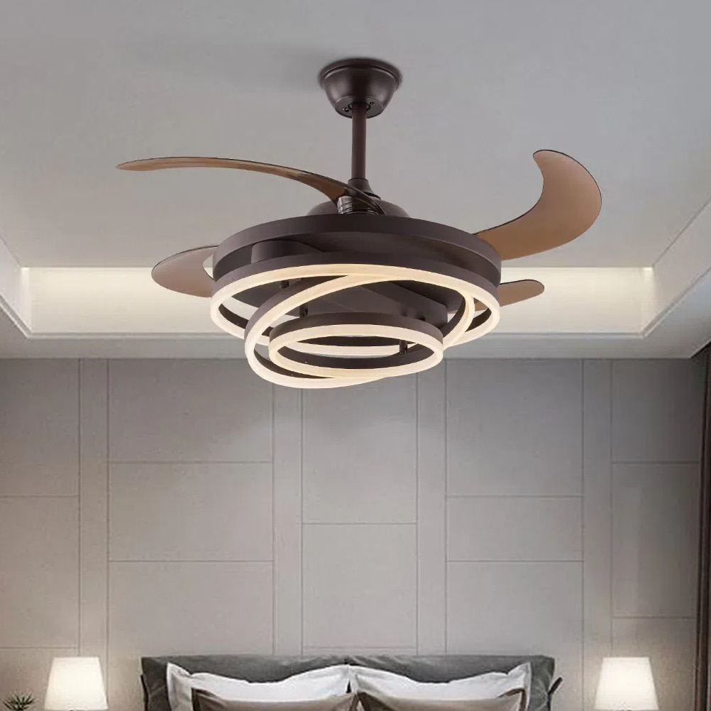 Oukaning JZUCODS599HCX 42-in Color-Changing Integrated LED Brown Modern Creative Styling 6-Speed Reversible Retractable with ABS Blades Chandelier Ceiling Fan With Light - Remote Included ( 4 -Blade )