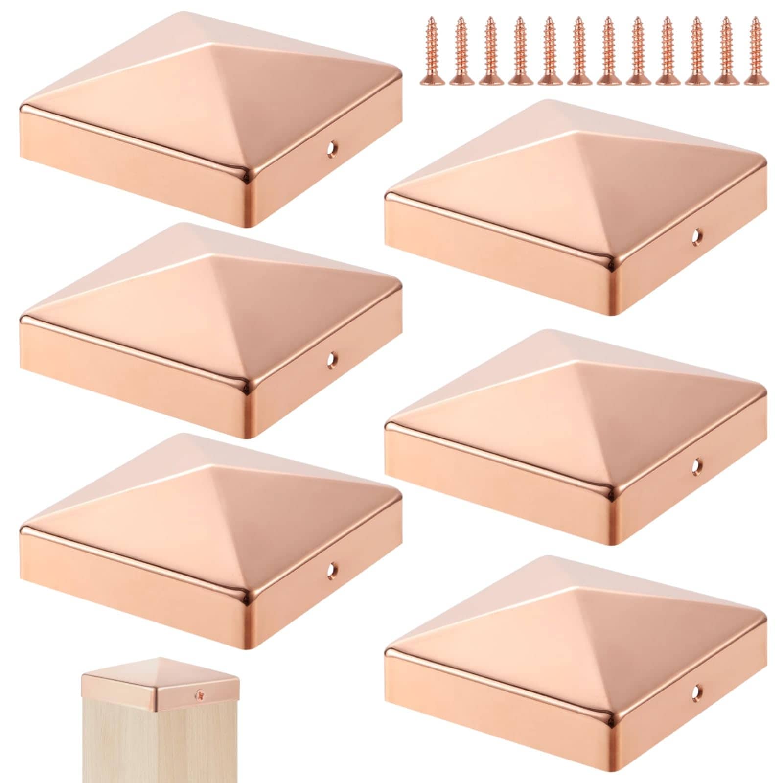 Afoxsos  6-Pack 3.5-in x 3.5-in Solid Copper Pyramid Post Caps with Screws for Wood Cedar Fence Deck Mailbox Posts End Covers