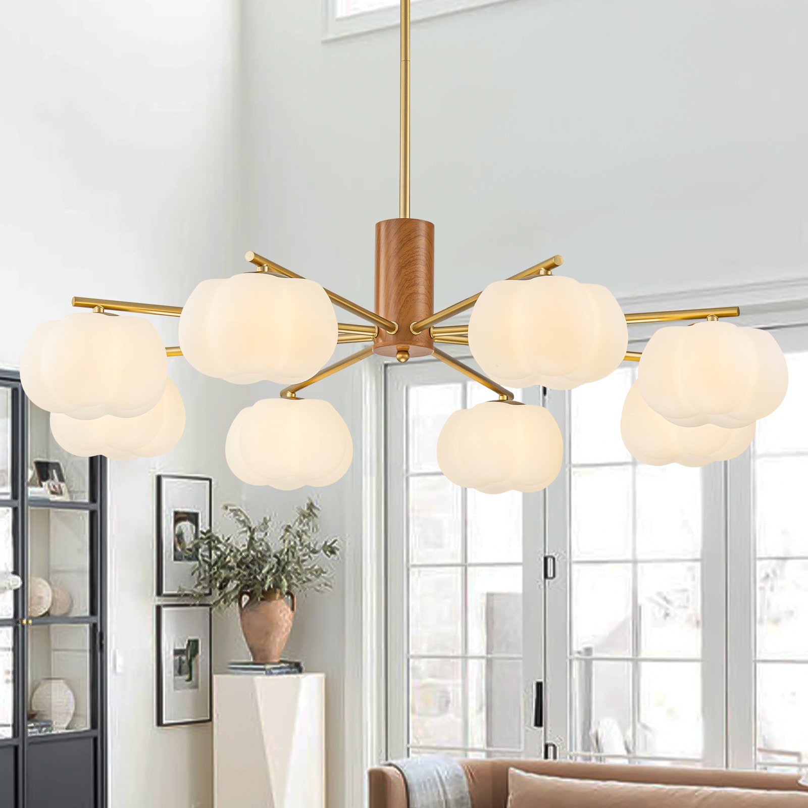 MENCOLULU Pumpkin-Shaped PE Shades Chandeliers with Wood-Grain Metal Frame 8 -Light Gold Metal Chandelier
