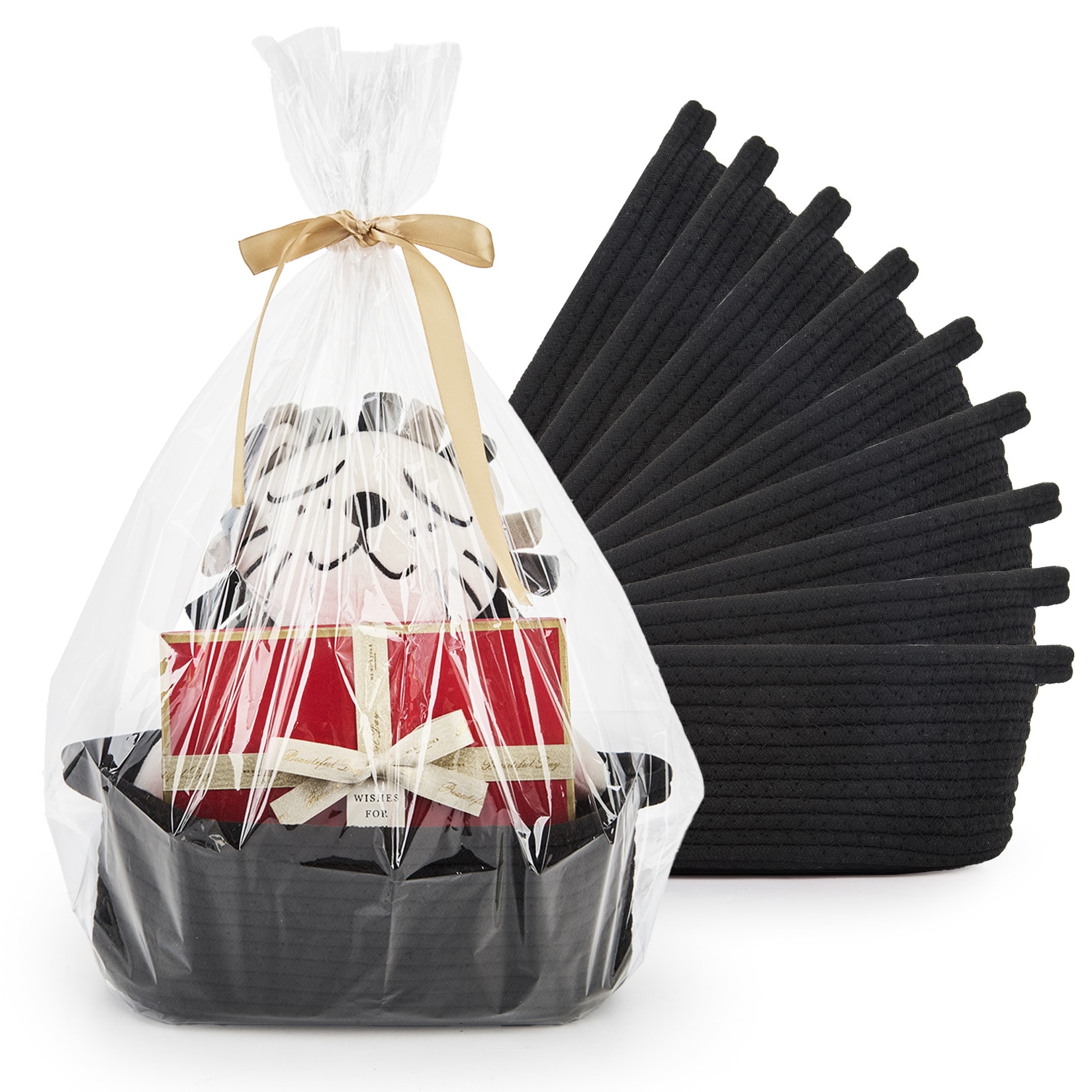 Garvee Set of 10 Black Woven Cotton Rope Storage Baskets Empty DIY Gift Basket Kit with Wrapping Accessories for Home Decor
