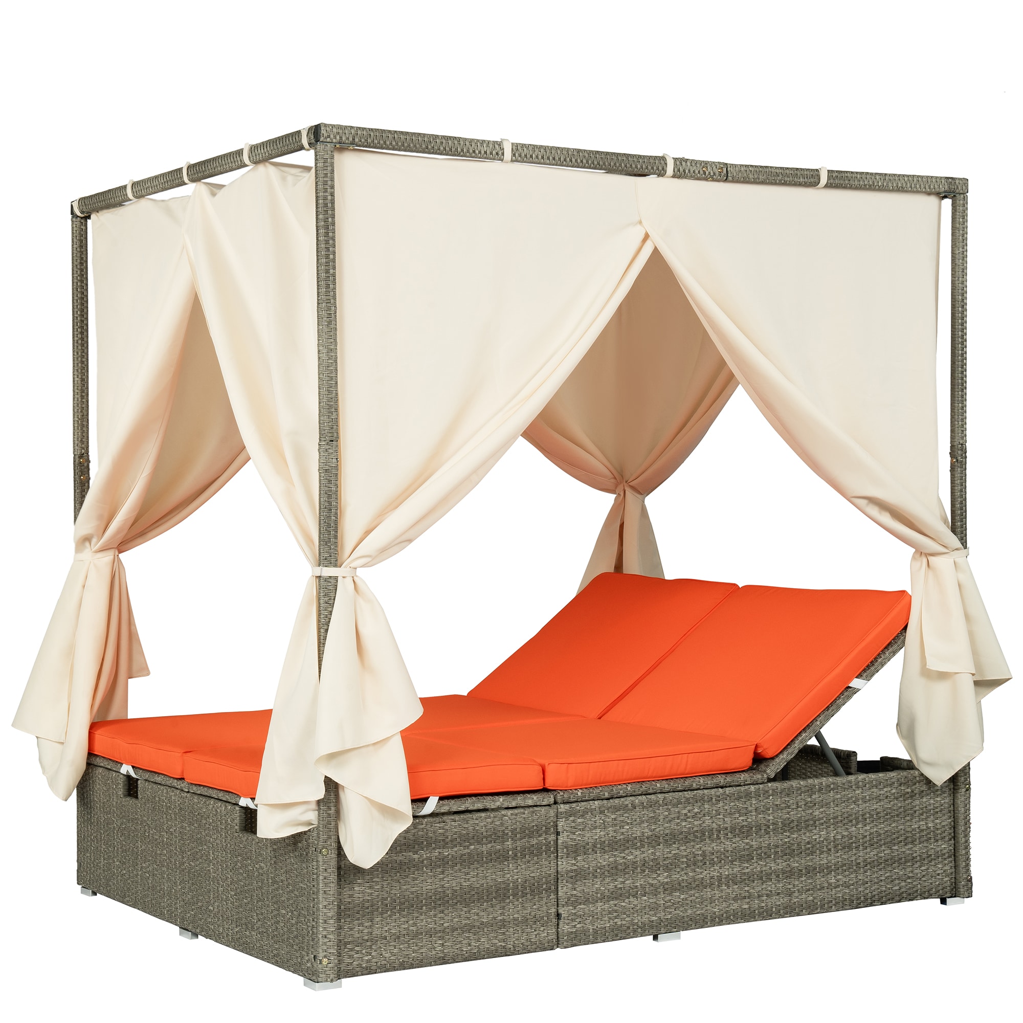 Clihome CL-US312OR Adjustable Sun Bed With Curtain Rattan Outdoor Daybed with Orange Cushions and Steel Frame