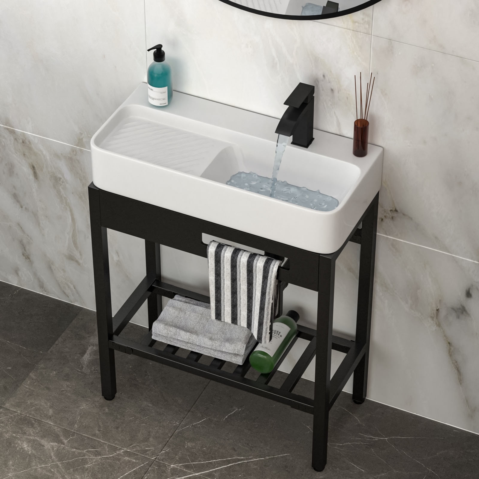 Tatayosi JL3P373348 28Inches x 12Inches Vintage-Inspired Ceramic Console Sink with Built-in Washboard Overflow and Sleek Black Legs