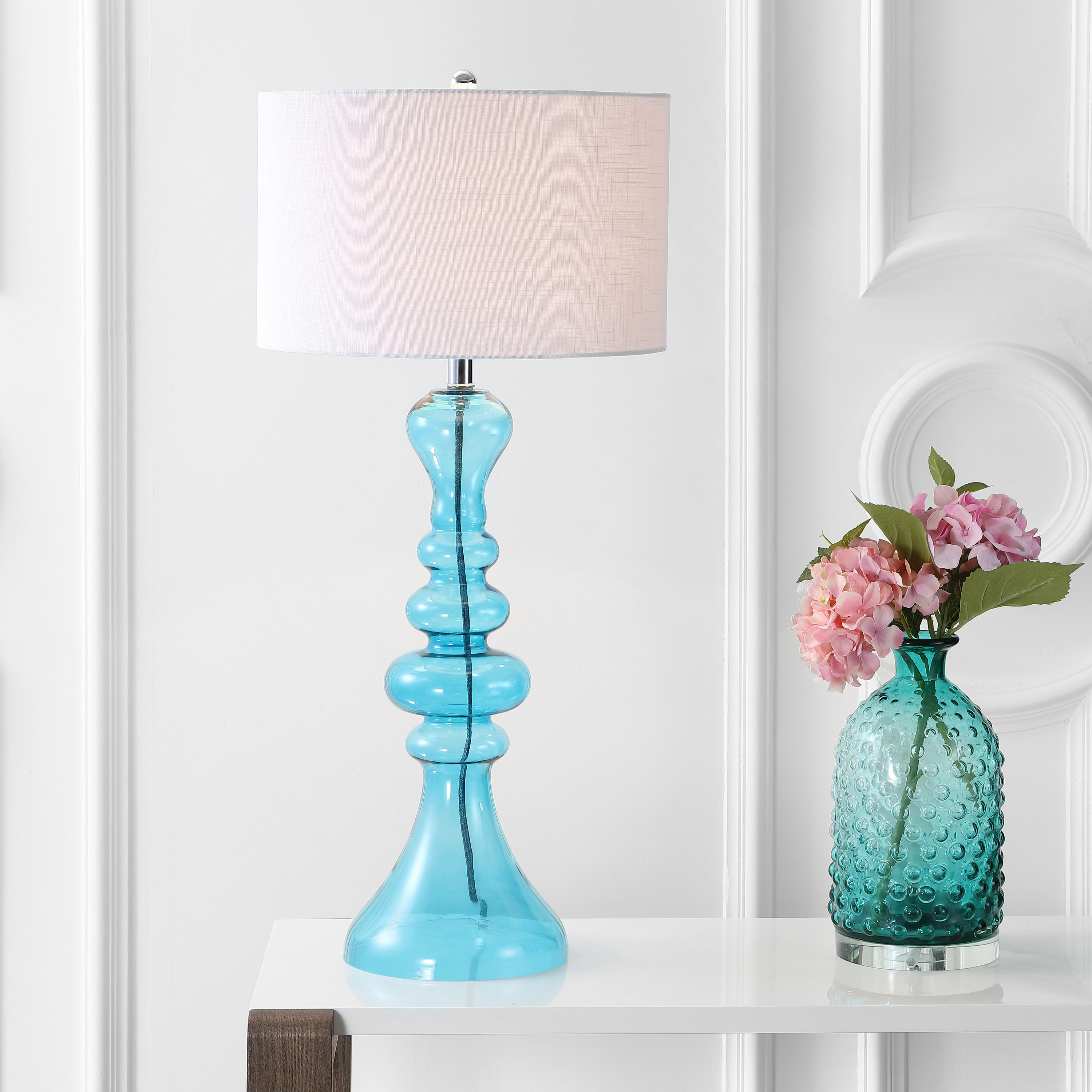 JONATHAN  Y JYL4012B Madeline Curved Glass Transitional 35-in Aqua LED Incandescent Rotary socket Table Lamp with Linen Shade