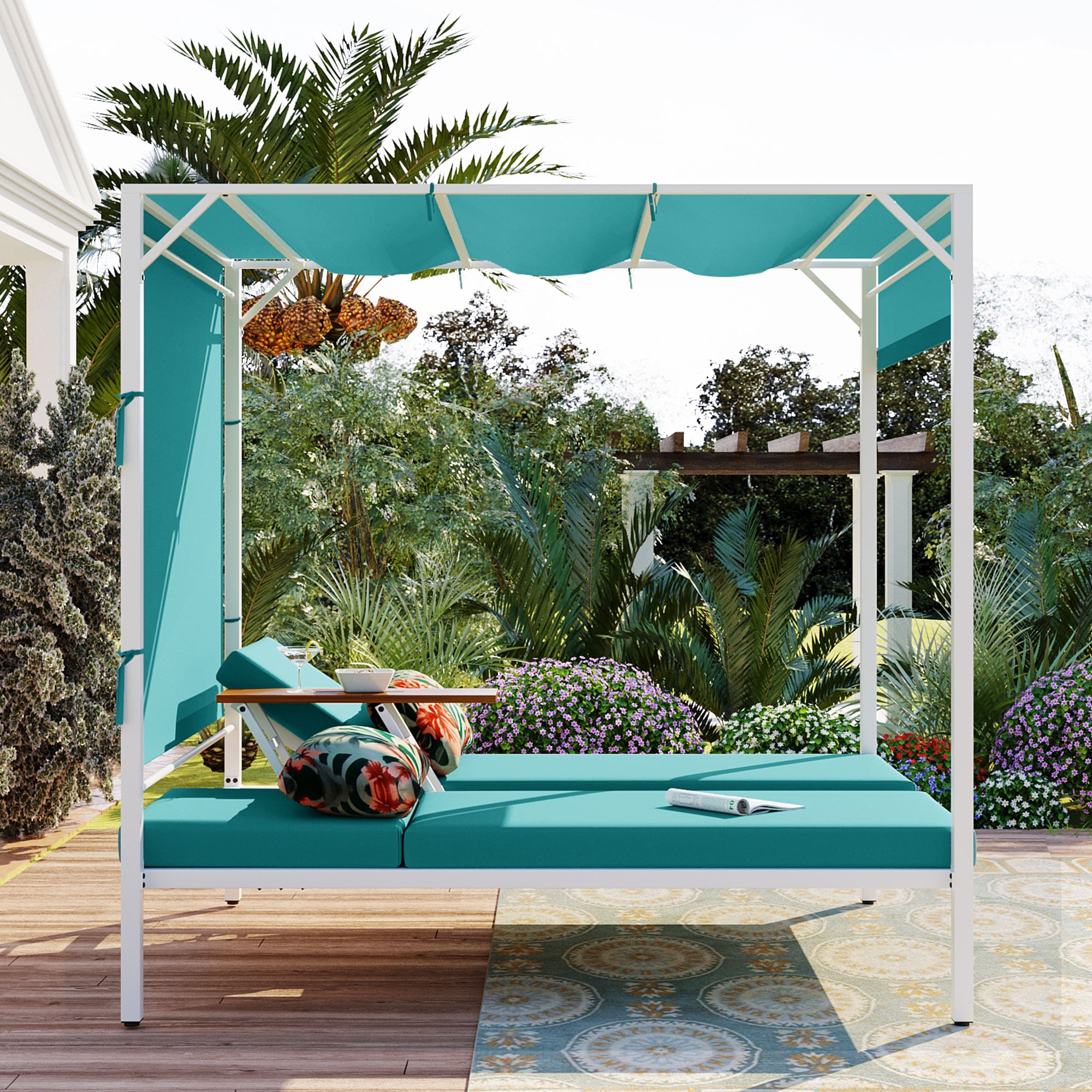 ModernLuxe L-WY000380AAC Outdoor Patio Sunbed Daybed with Cushions, Adjustable Seats Rattan Outdoor Daybed with Blue Cushions and Rattan Frame
