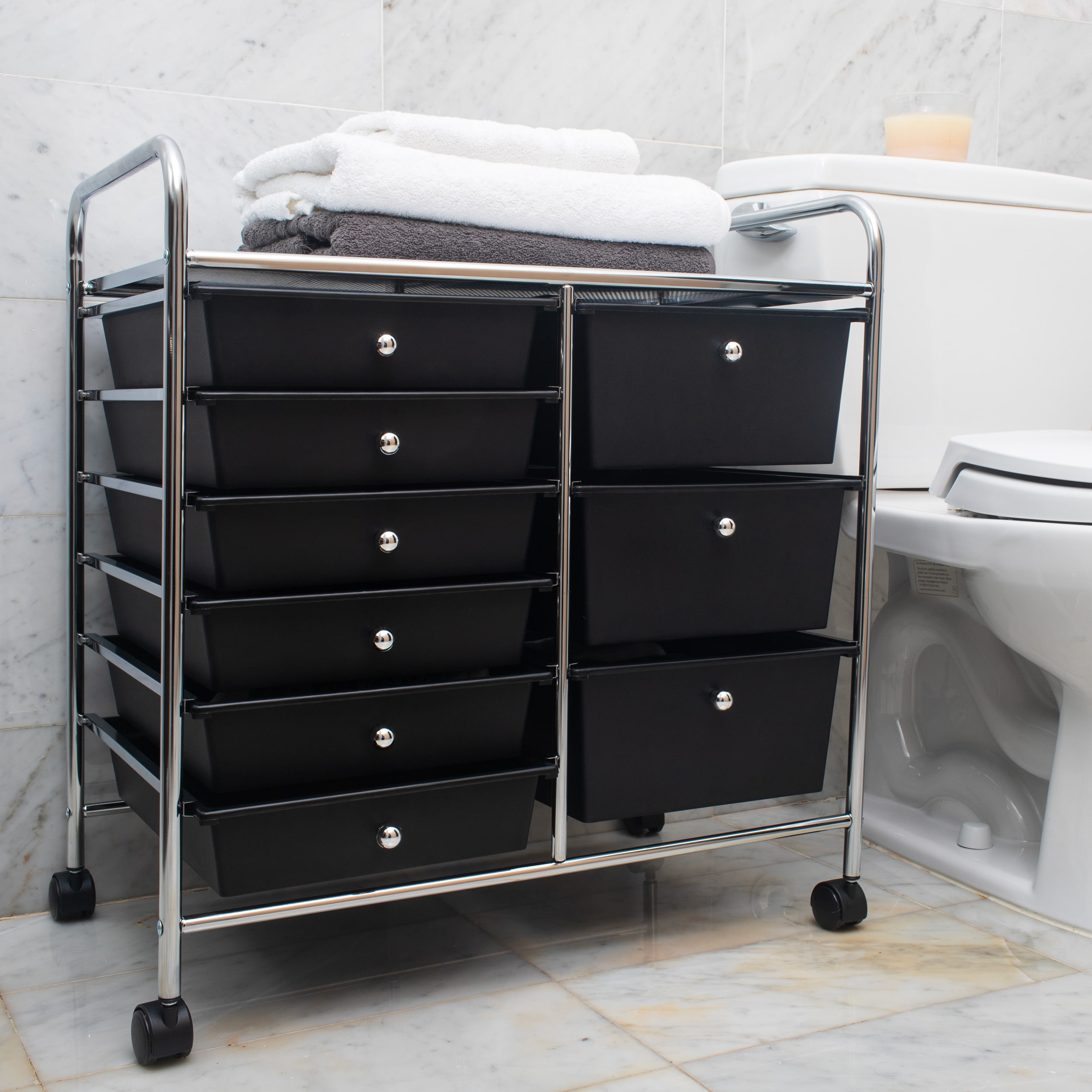 Black and Silver 9-Drawer Rolling Utility Cart with Metal Frame