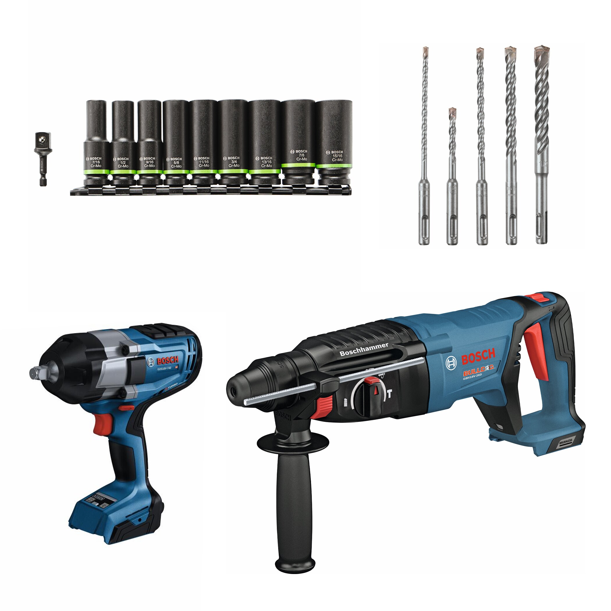 Bosch  18V Brushless SDS-plus Bulldog™ 1 In. Rotary Hammer, 18V PROFACTOR™ 1/2 In. Impact Wrench with Friction Ring (Bare Tools), 5-Piece Assorted Set SDS-Plus Bulldog Rotary Hammer Bits, and 10-Piece Mixed 1/2 In. Sockets with 1/4 In. Hex to 1/2 In. Socket Adapter Impact