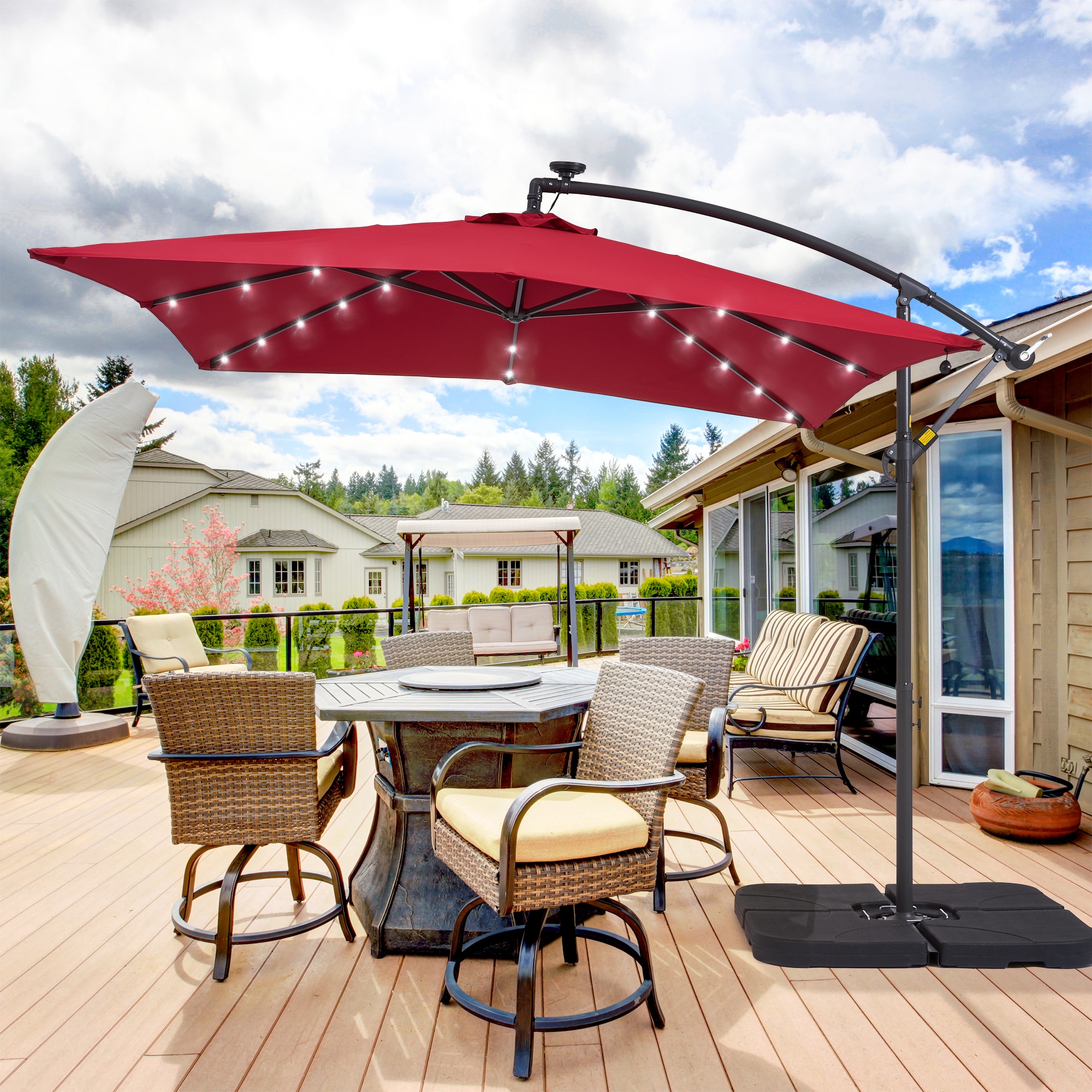 ACEGOSES LW-61RD 8.2-ft Steel Red No-tilt Offset Patio Umbrella with Lights with Base