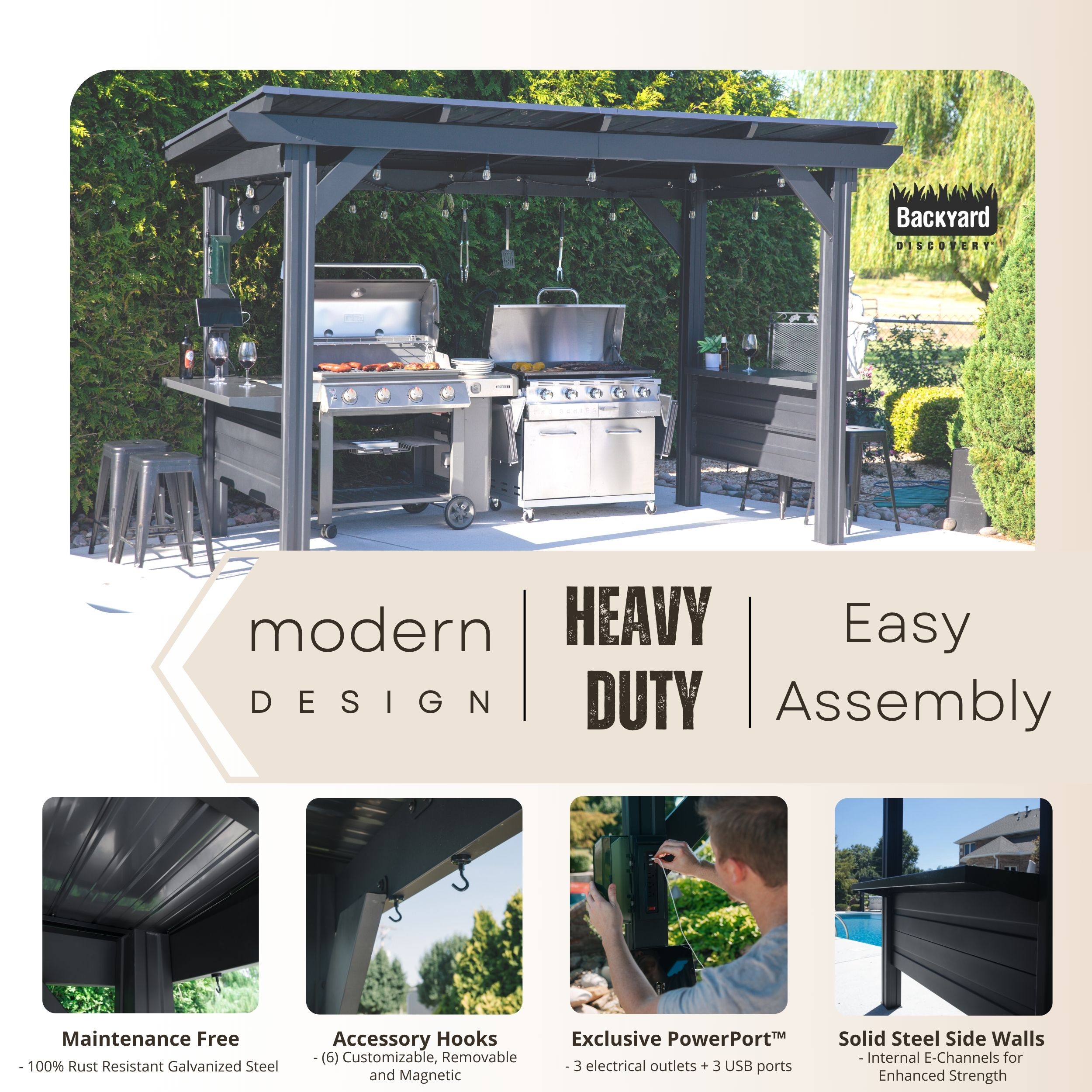 Rockport XL Black Steel Grill Gazebo with Countertops