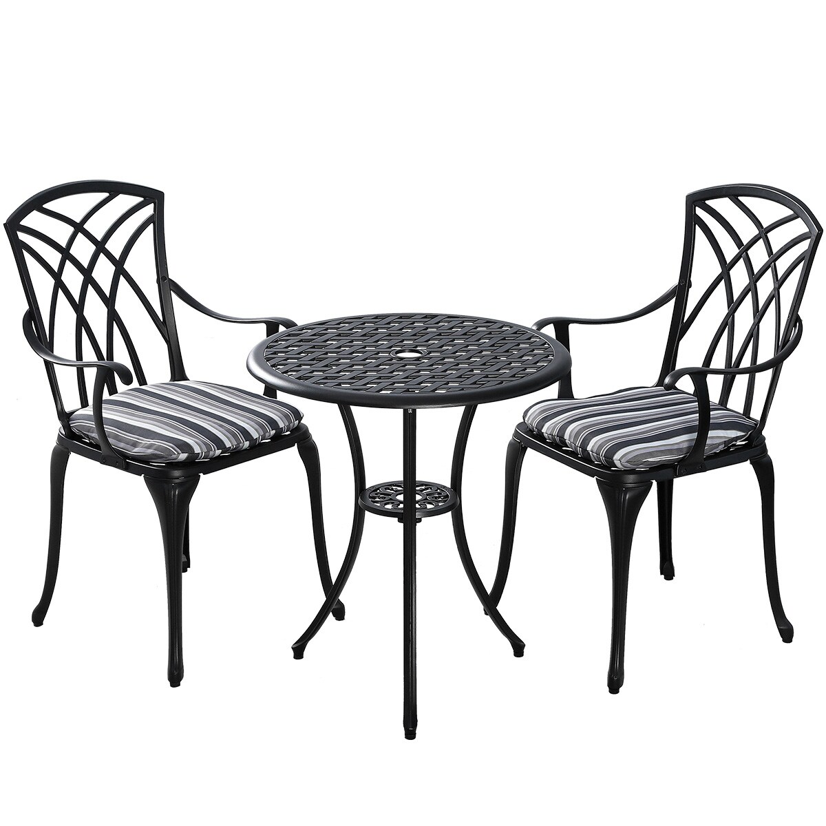 Garden Outdoor Cast Aluminium Bistro Table and 2 Arm chairs Set with Cushions 