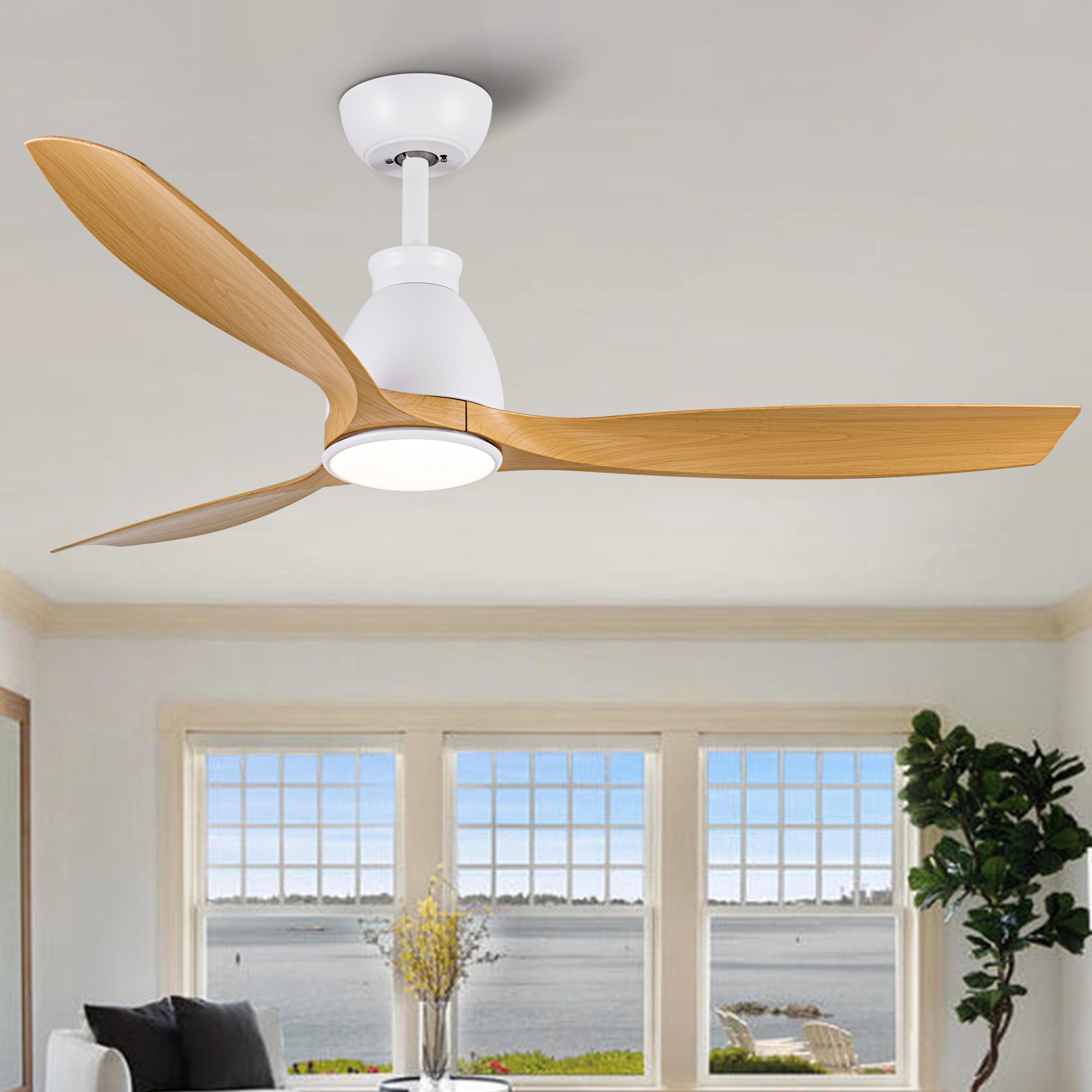 Kahomvis Ceiling Fan 52-in White with Walnut Blades LED Indoor/Outdoor ...